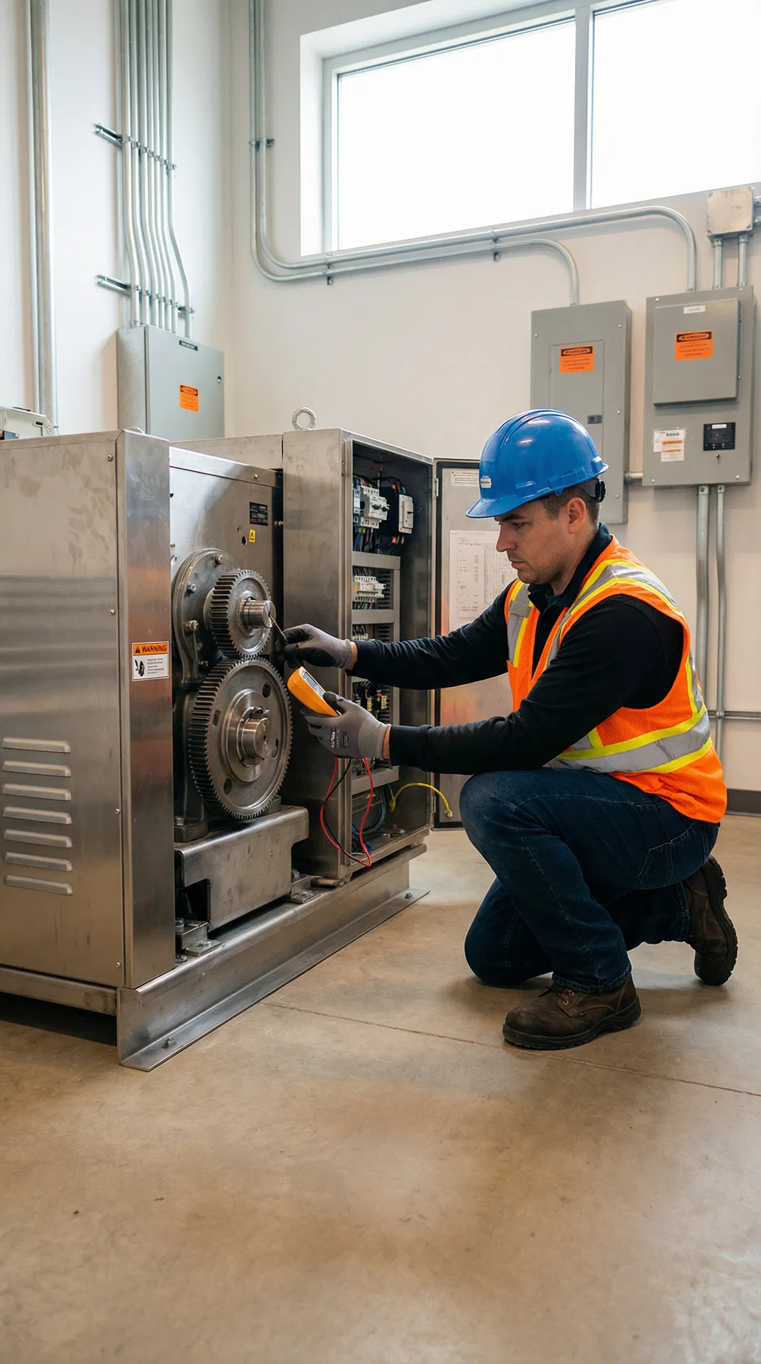 Technician working on elevator machinery