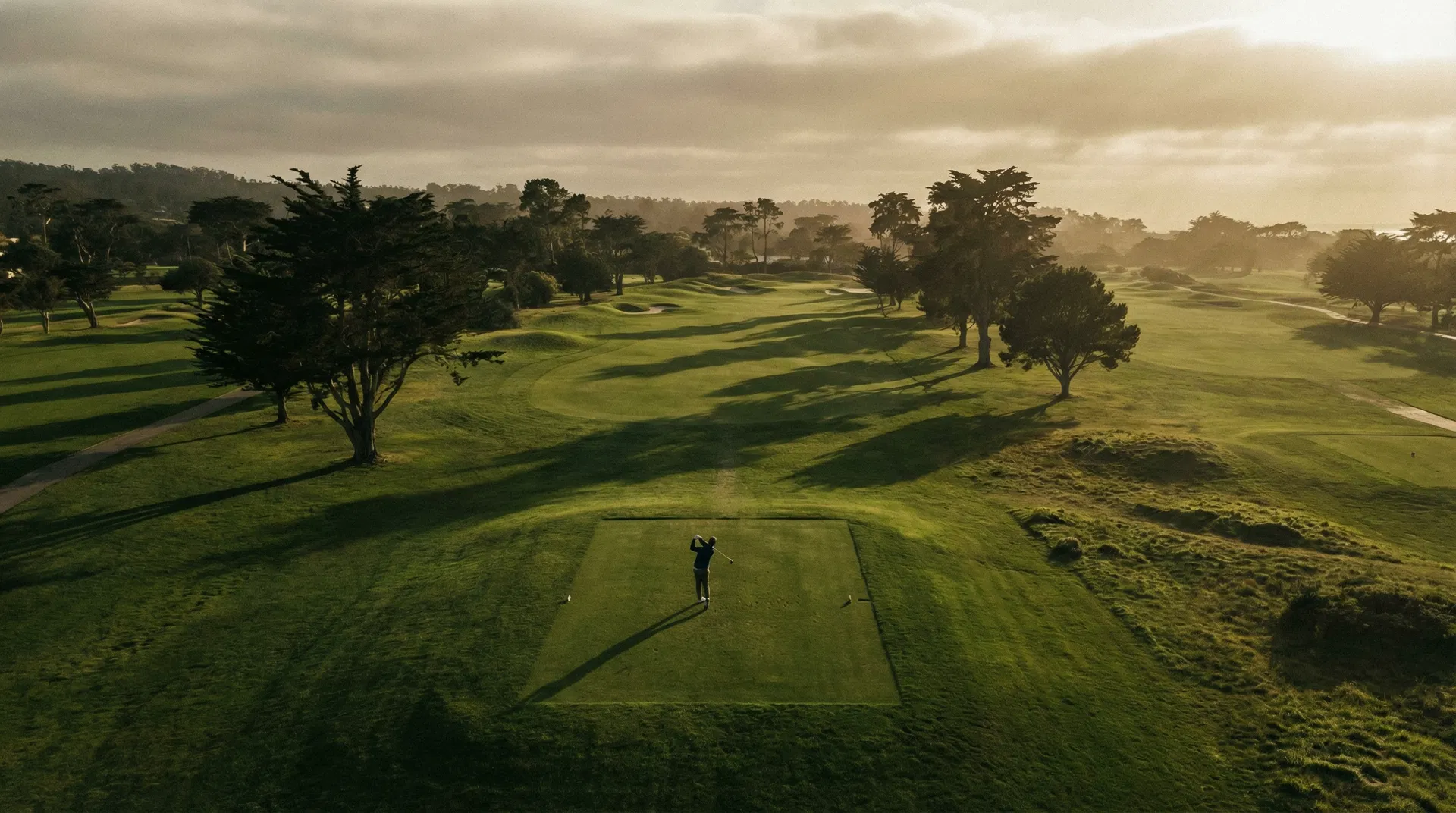 Championship golf course at golden hour
