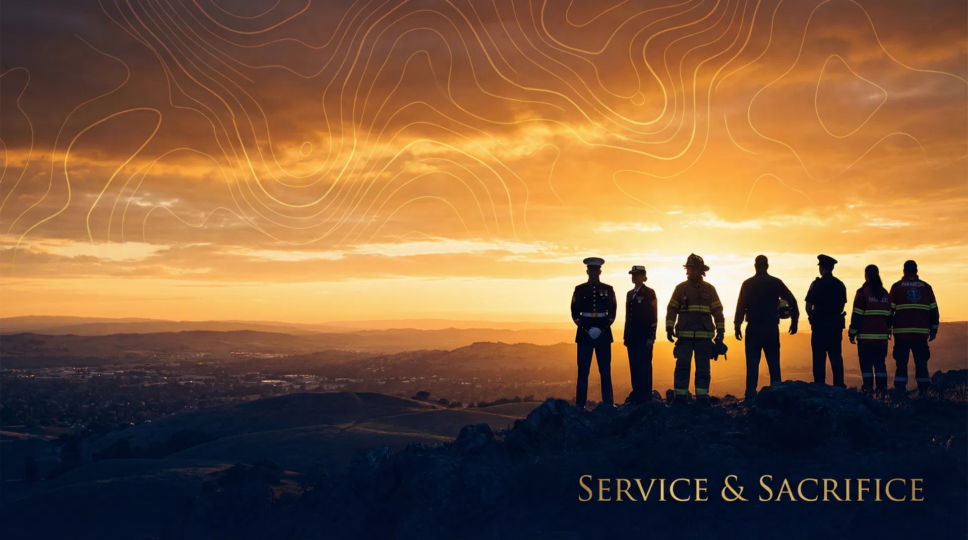 Veterans and first responders standing together at dawn