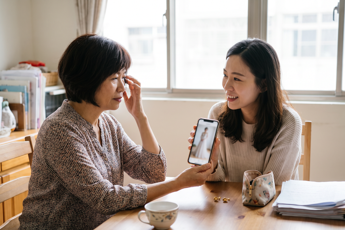 婚禮前媽媽與新娘討論造型