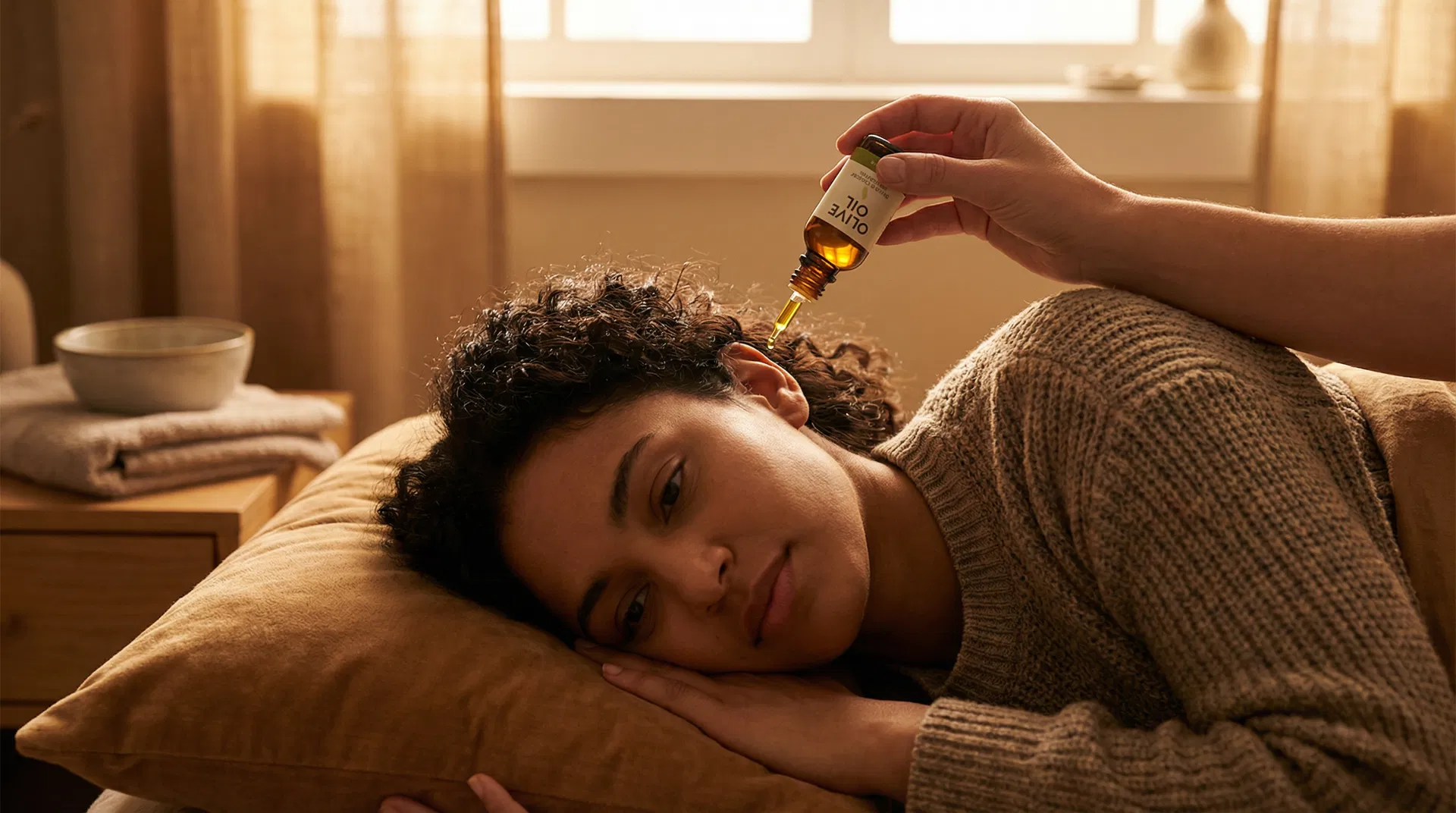 Olive oil ear drops for home ear care and wax softening