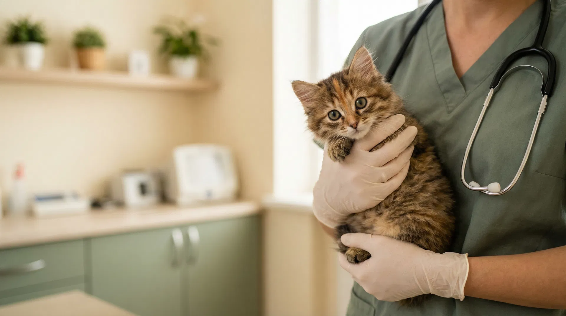 Veterinary technician holding a kitten during wellness checkup