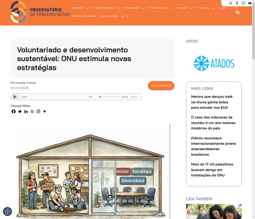 Ilustração de pessoas voluntárias plantando árvores e trabalhando em equipe, com uma sala de reunião ao lado simbolizando governança e estratégia.