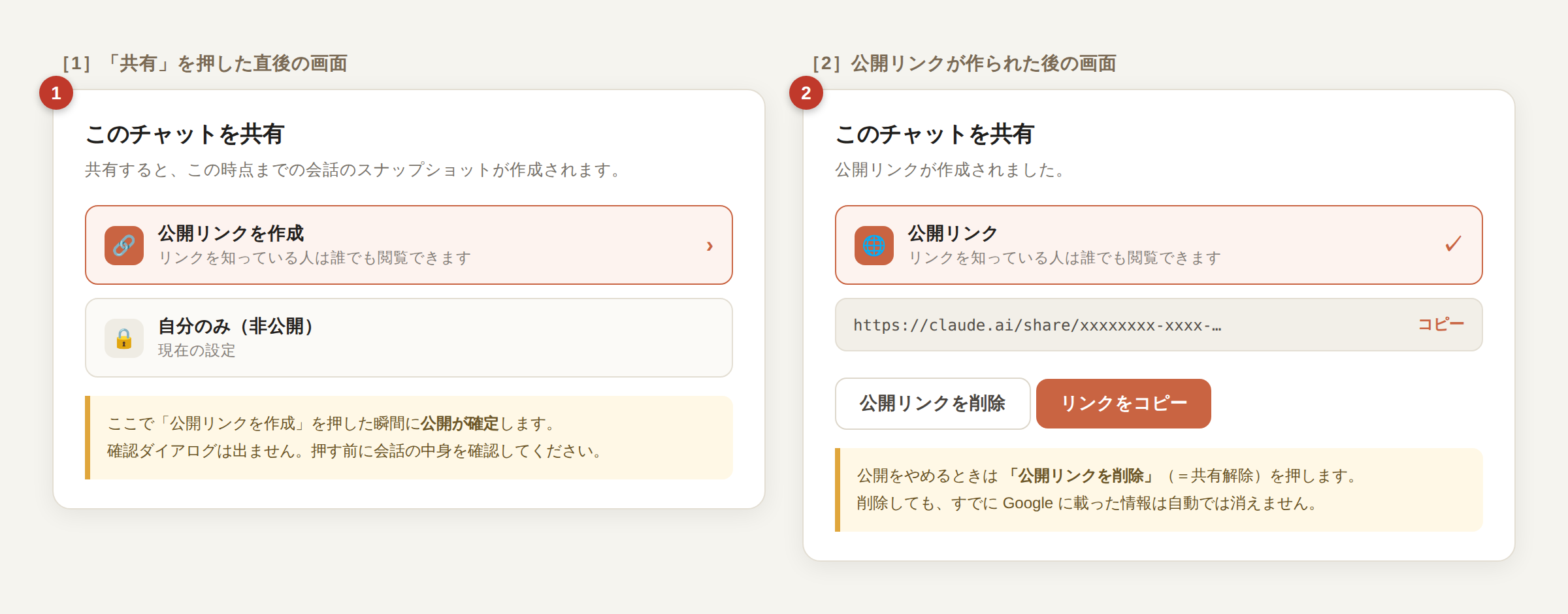 Claudeの共有ダイアログの操作前後の画面