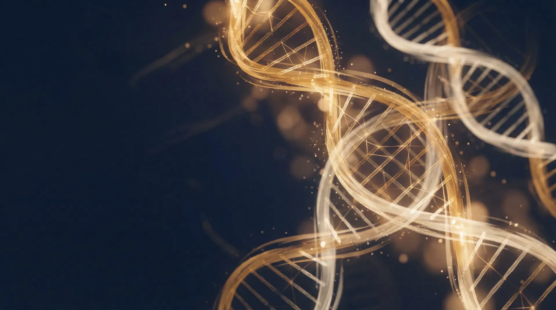 Abstract DNA double helix strands in amber gold representing behavioral science and human understanding