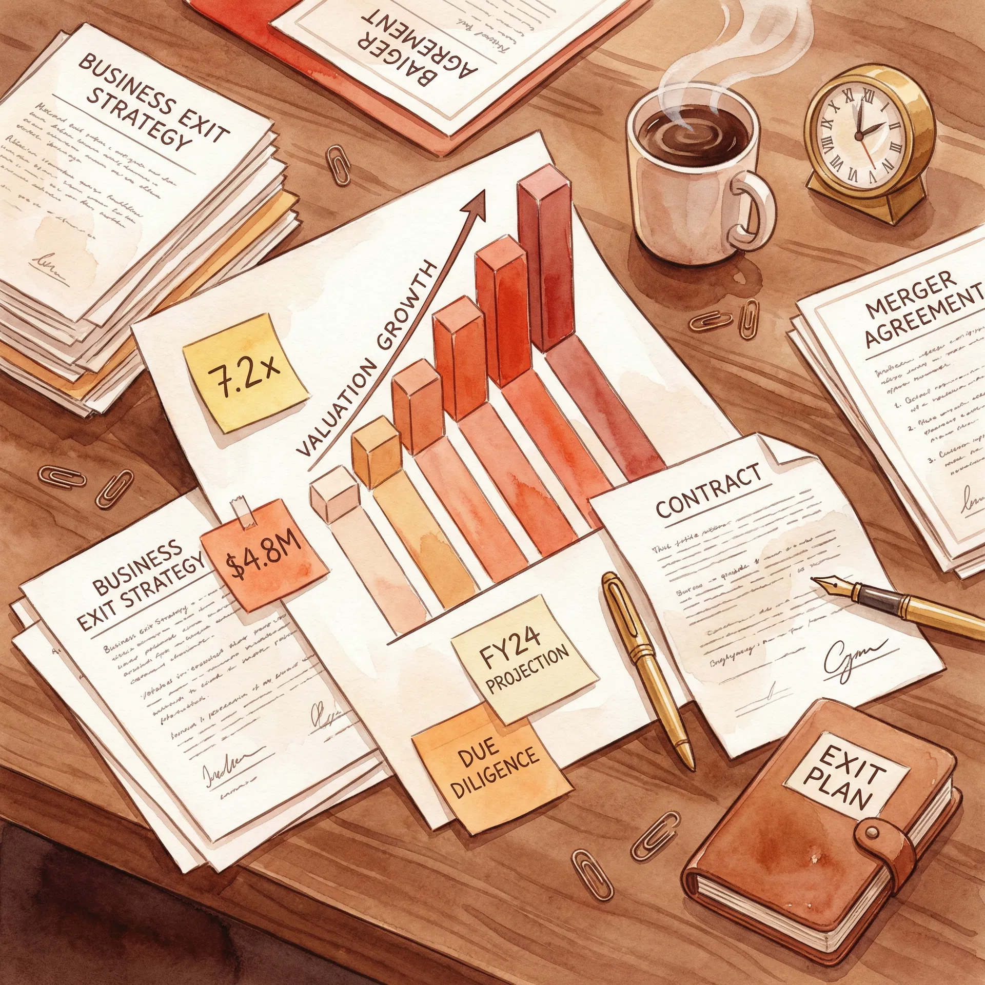 Two business owners collaborating on exit strategy at a desk with charts and documents