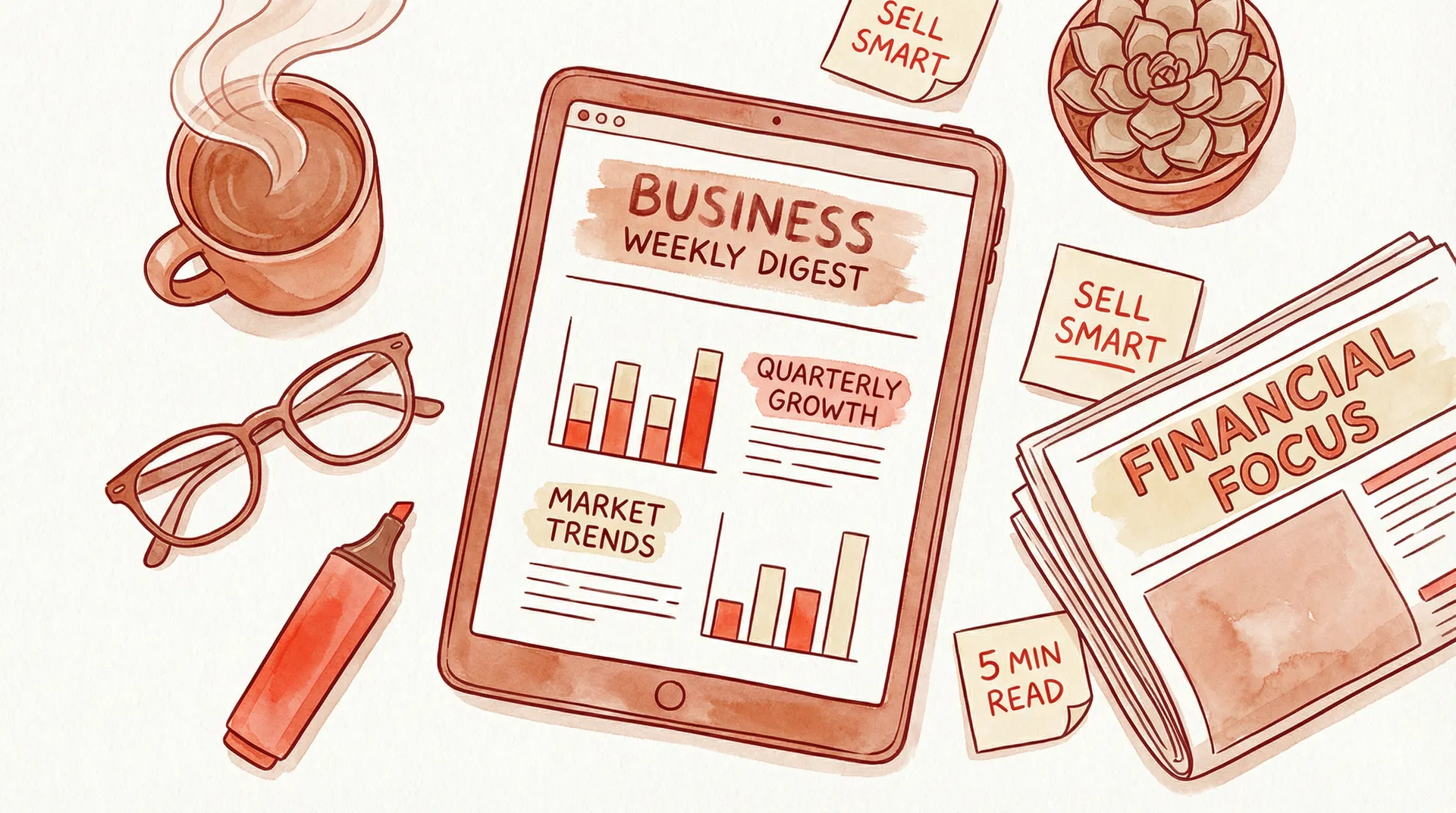 Newsletter preview with business digest, charts, and reading glasses