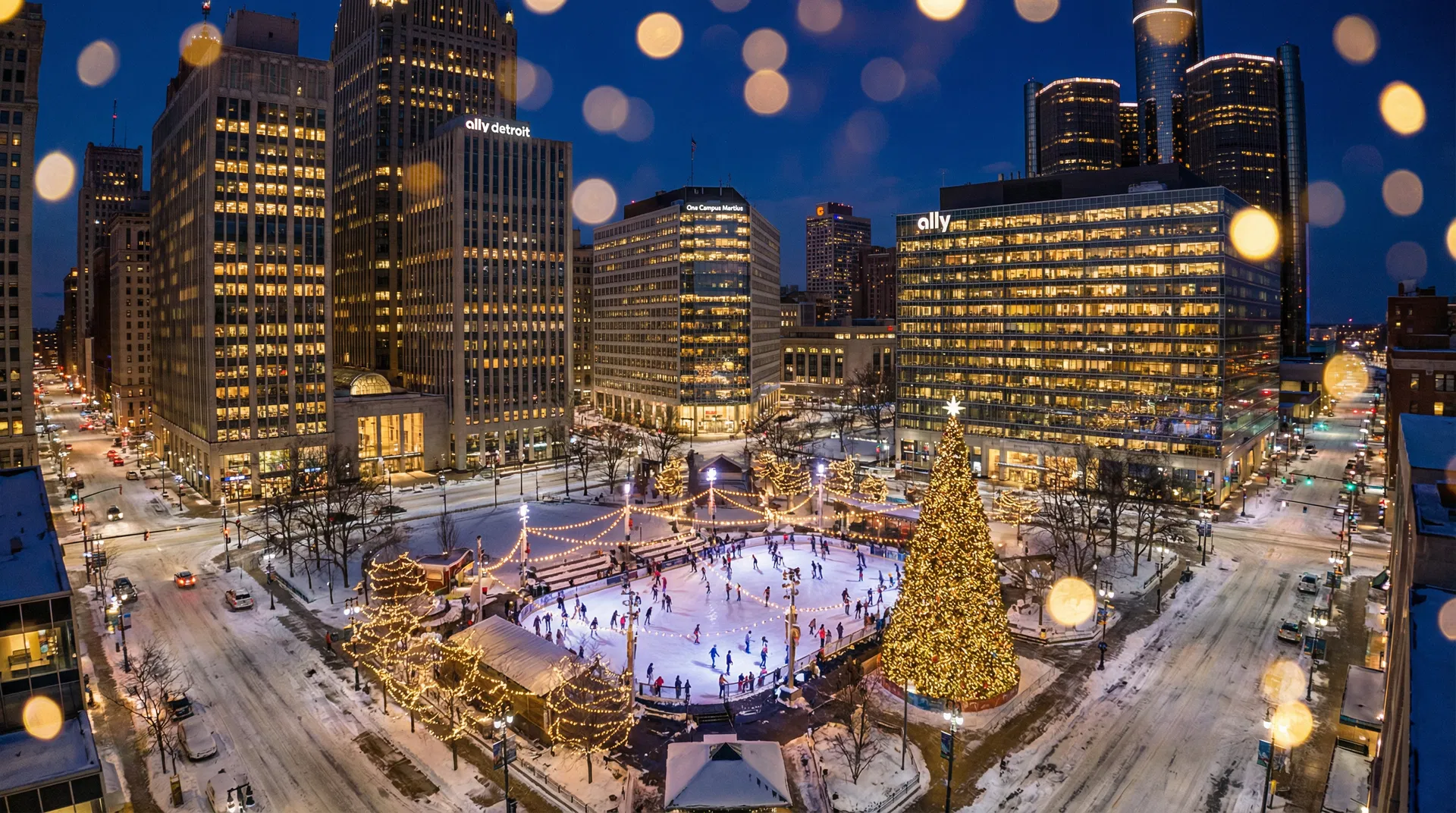 Campus Martius Park aerial view at night