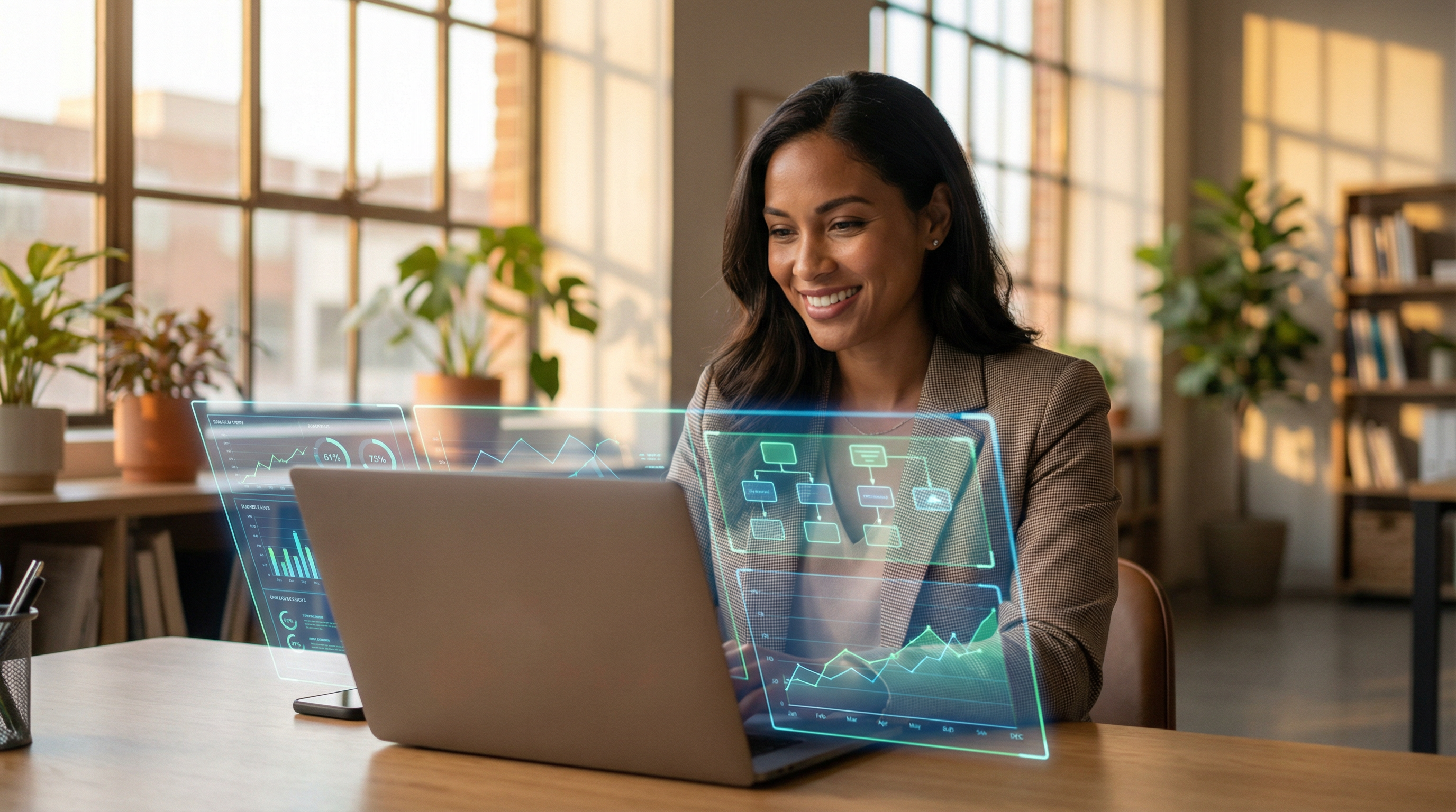 A confident small business owner uses AI to review data charts and automated workflows. A confident small business owner uses AI to review data charts and automated workflows.