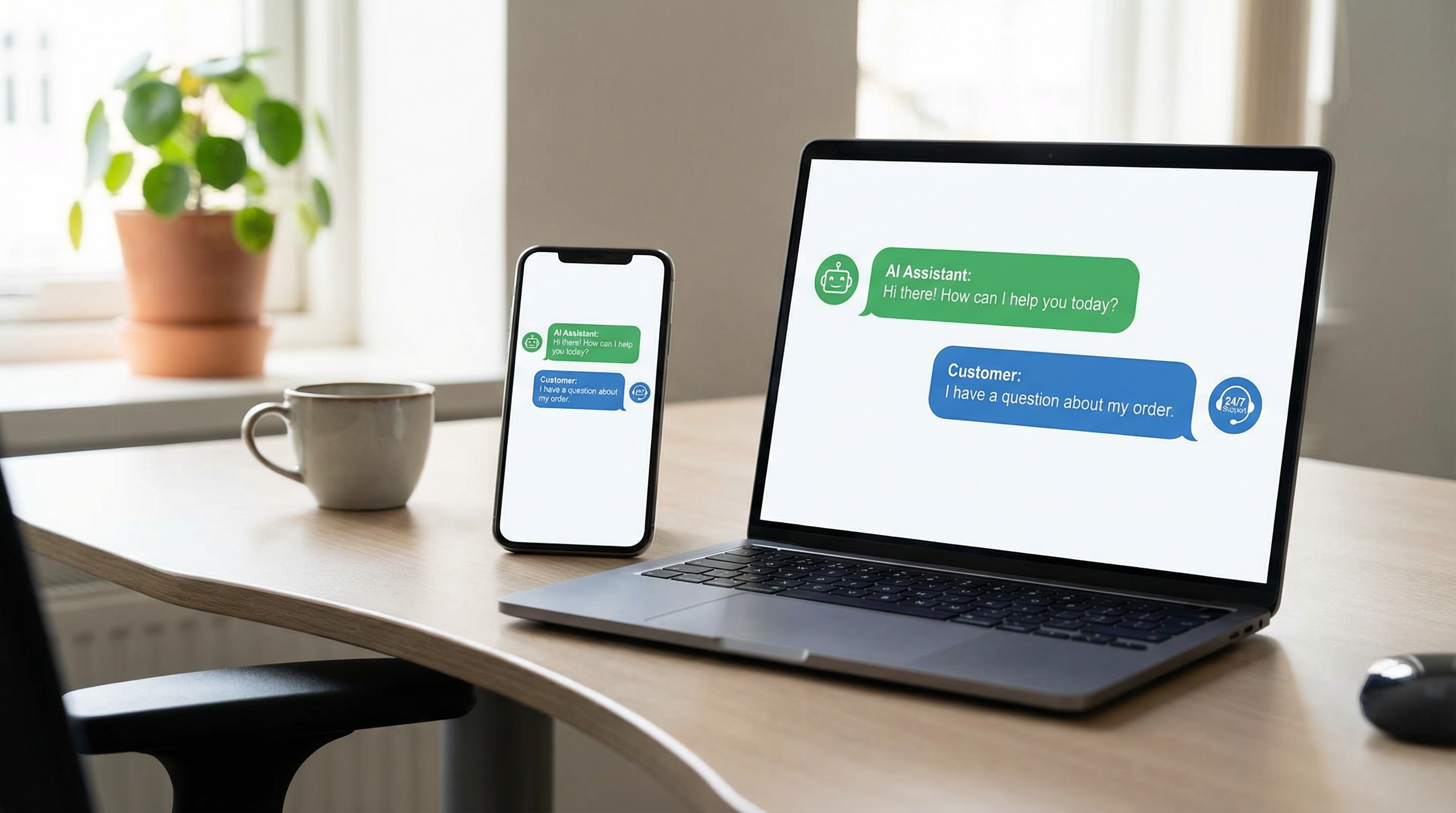 A modern customer service chatbot interface on a smartphone and laptop screen. A modern customer service chatbot interface on a smartphone and laptop screen.