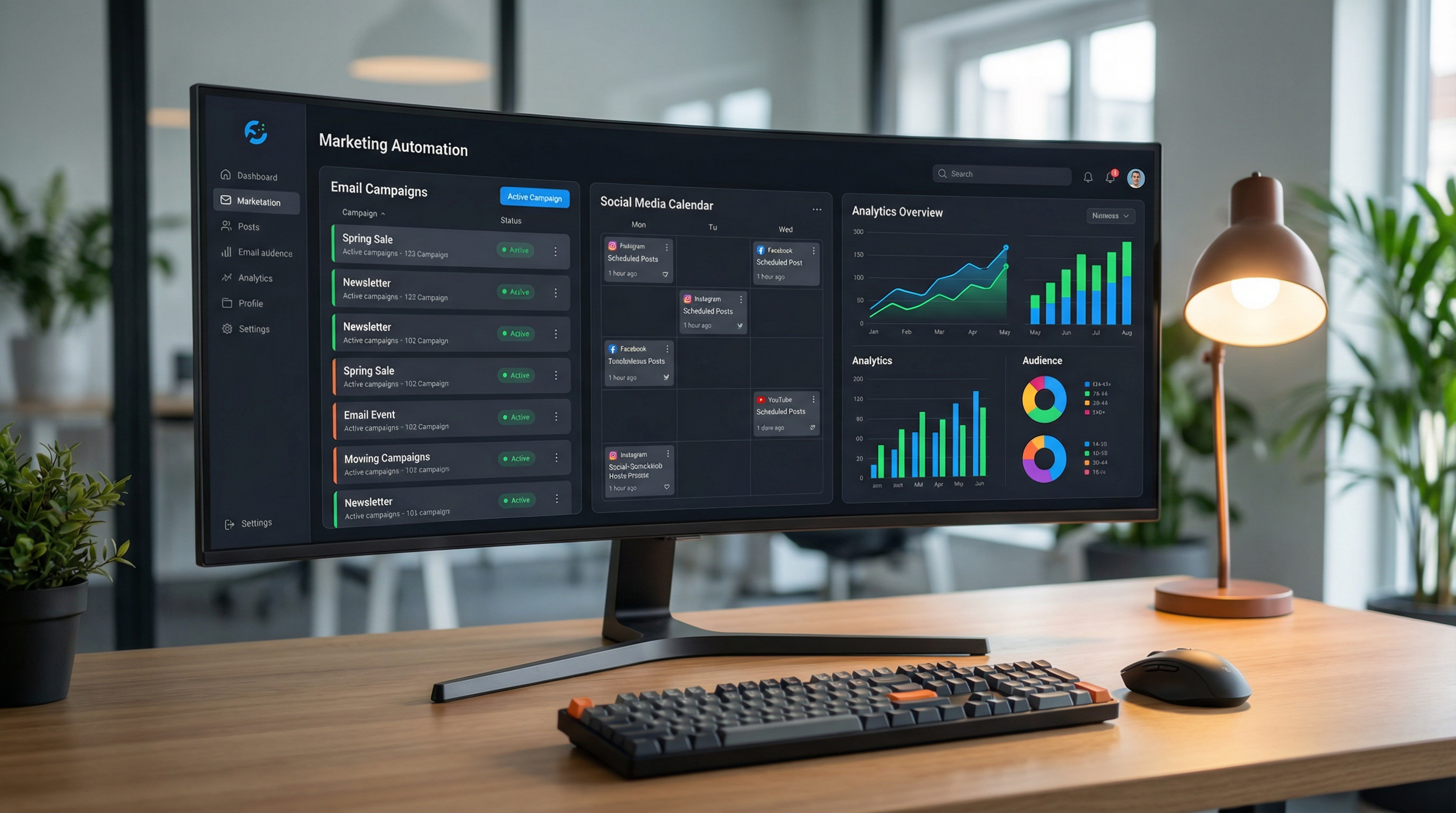 A marketing automation dashboard showing email campaigns, social media scheduling, and analytics. A marketing automation dashboard showing email campaigns, social media scheduling, and analytics.