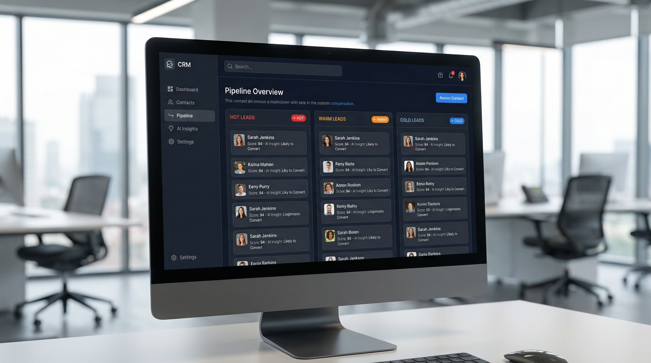An intelligent lead scoring system interface displaying a pipeline with prioritized leads. An intelligent lead scoring system interface displaying a pipeline with prioritized leads.
