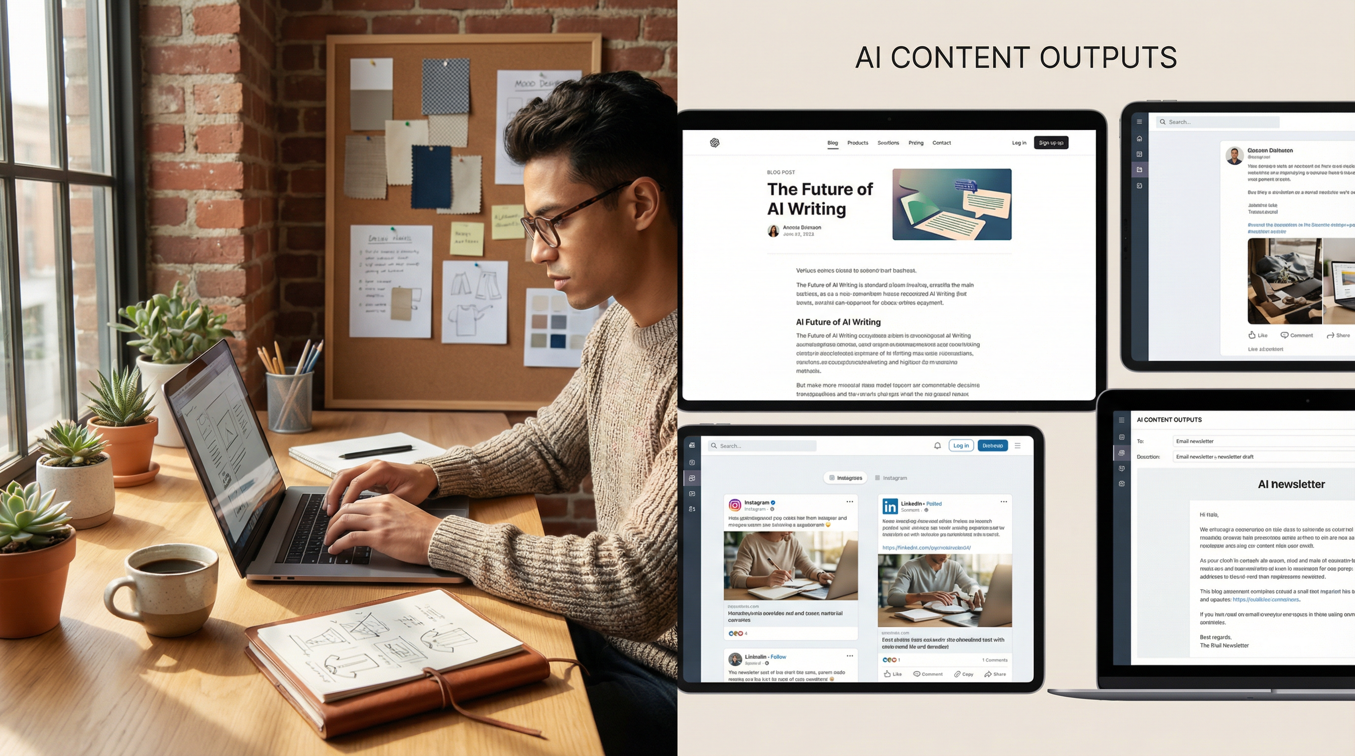 AI content creation shown in a split-screen view with a writer and multiple content outputs. AI content creation shown in a split-screen view with a writer and multiple content outputs.