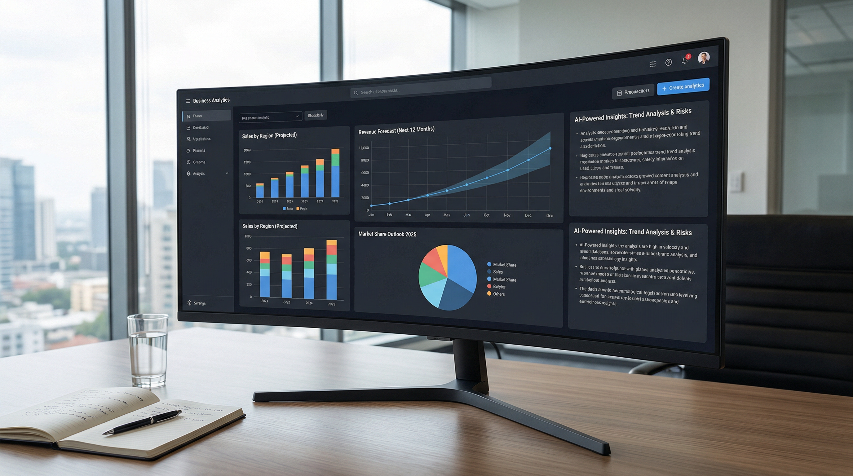 A business analytics dashboard showing predictive forecasting charts and AI-powered insights. A business analytics dashboard showing predictive forecasting charts and AI-powered insights.