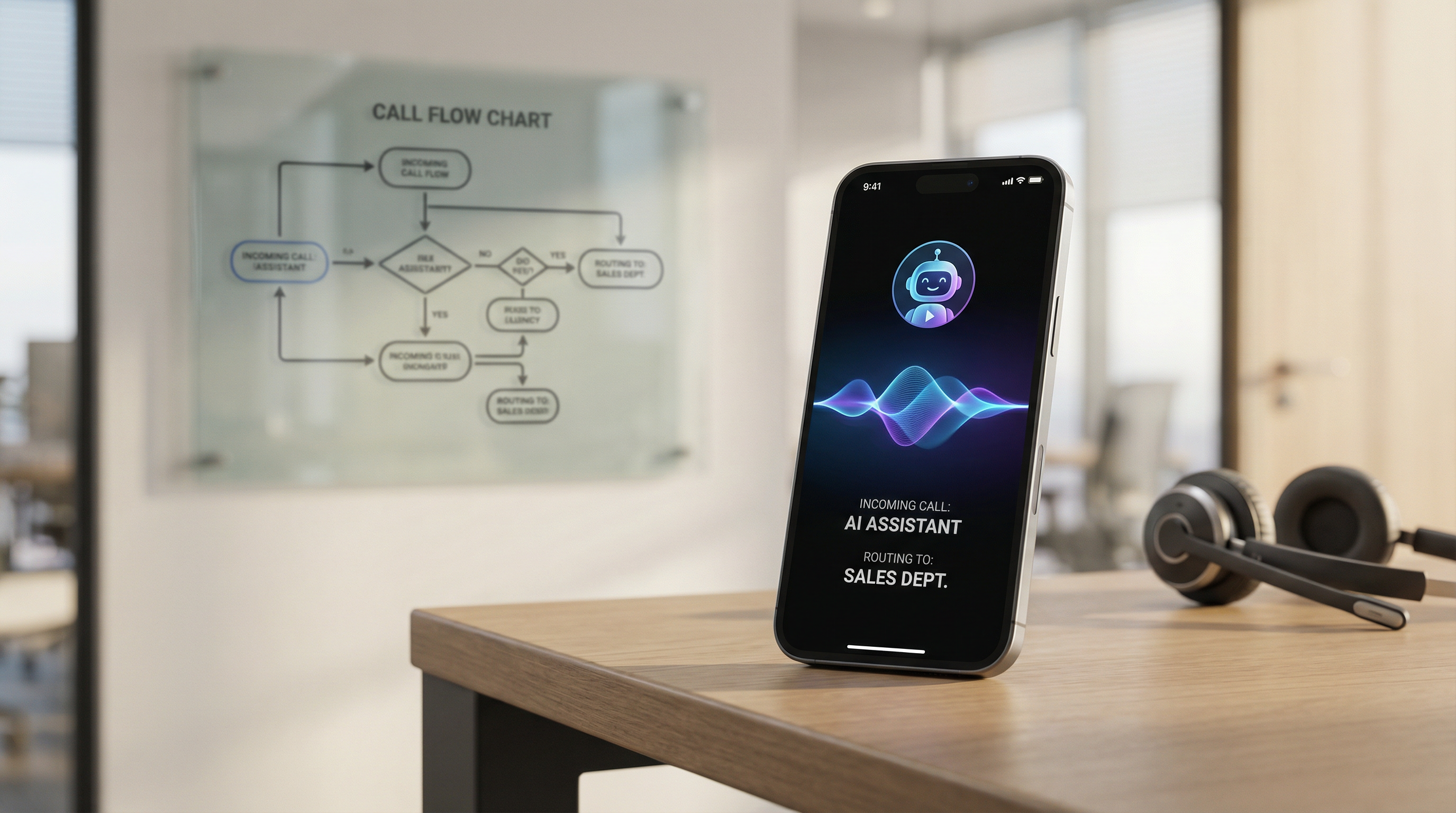 A modern voice AI phone system interface on a smartphone with a call routing diagram. A modern voice AI phone system interface on a smartphone with a call routing diagram.