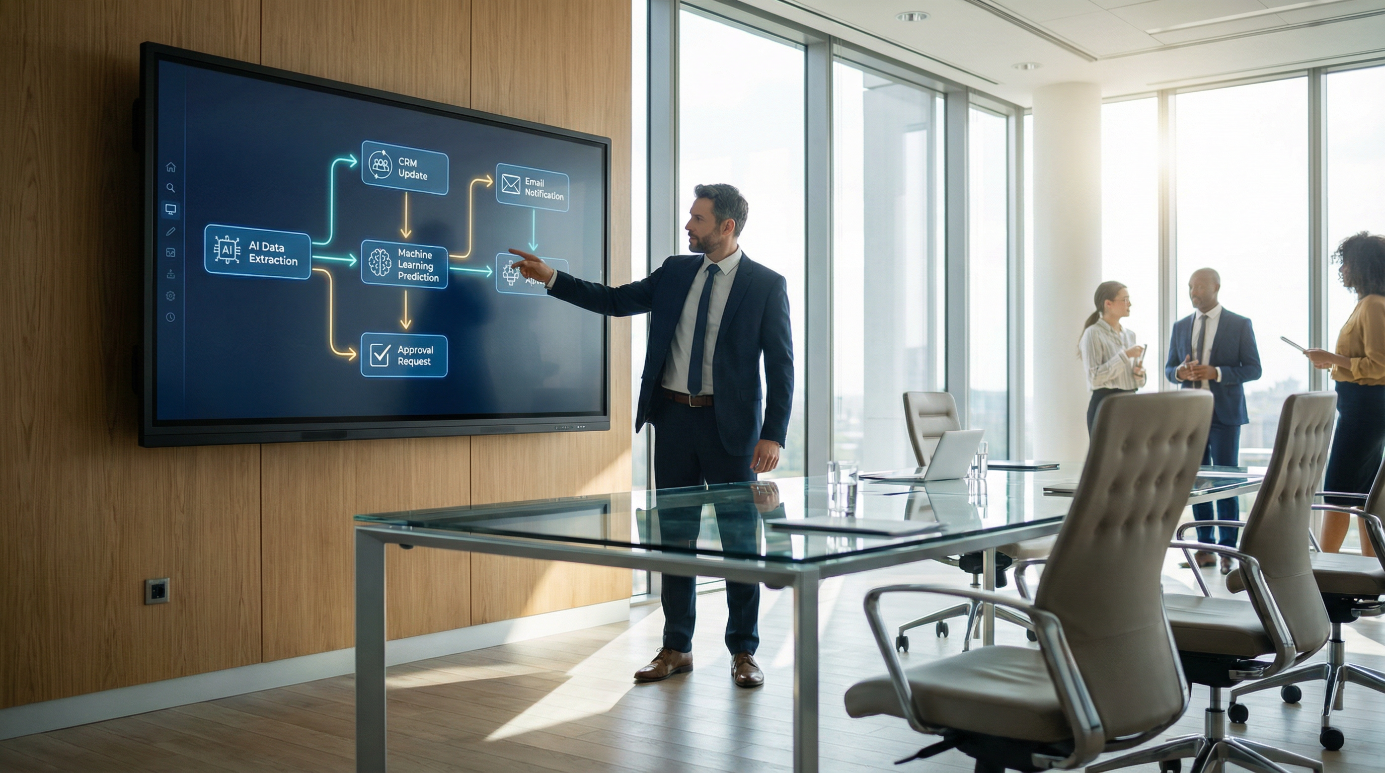A workflow automation flowchart displayed on a large touchscreen monitor. A workflow automation flowchart displayed on a large touchscreen monitor.