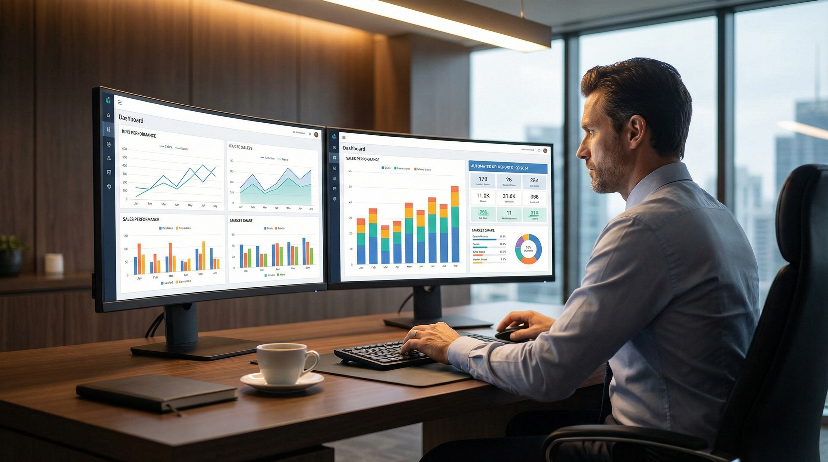 A business data analysis and reporting dashboard on dual monitors with automated reports. A business data analysis and reporting dashboard on dual monitors with automated reports.