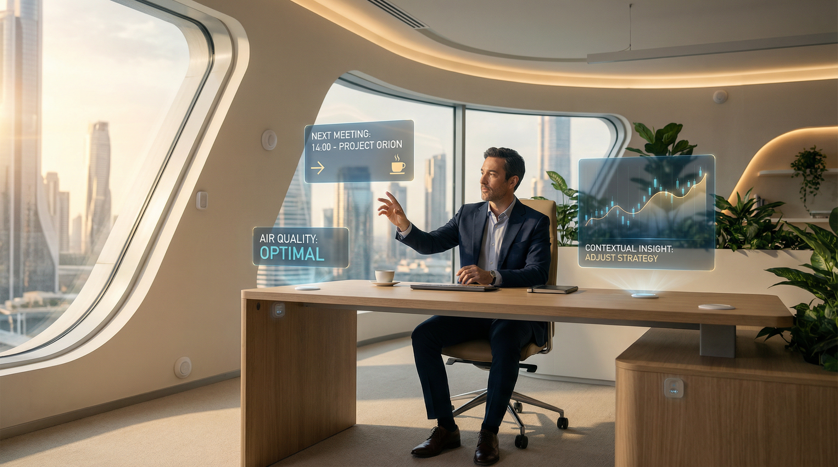 Futuristic image of ambient intelligence in a modern office with proactive AI assistants. Futuristic image of ambient intelligence in a modern office with proactive AI assistants.