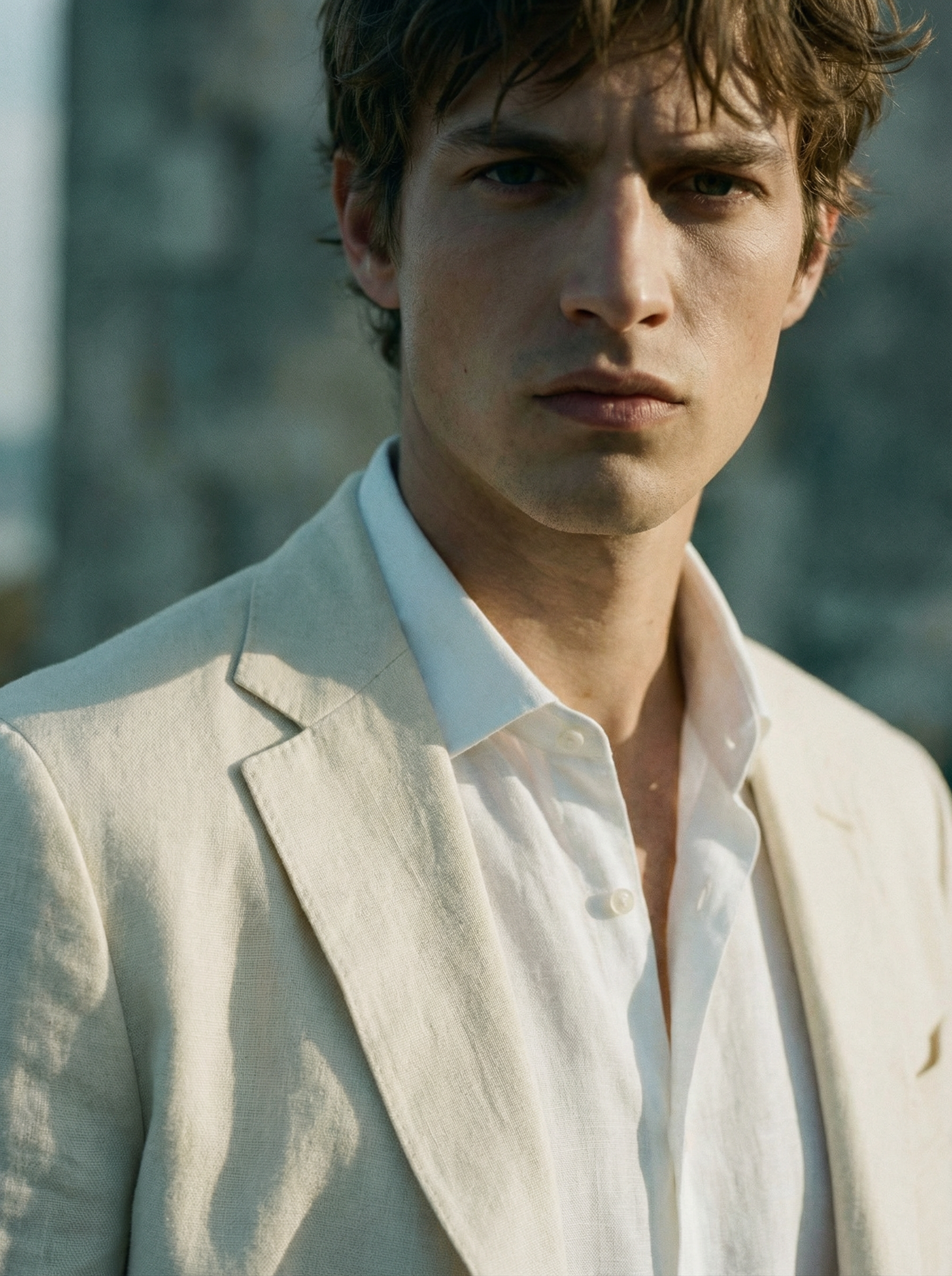 Close-up — Tight on blazer lapel and face