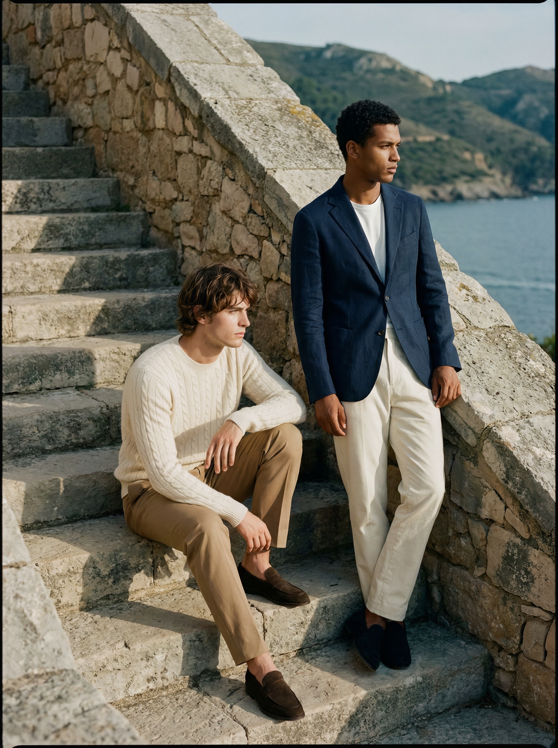Duo shot — Two models on stone steps