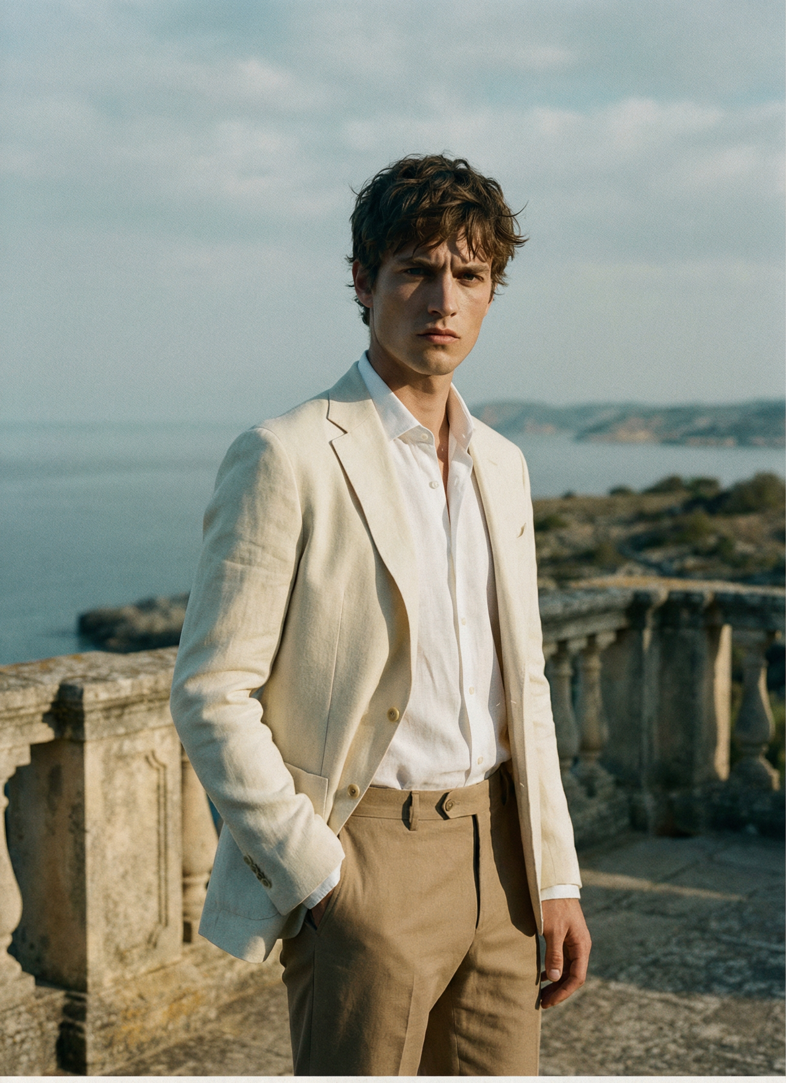 Three-quarter shot — Mid-thigh up on a stone terrace