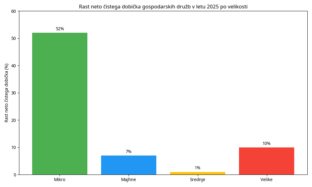 Rast neto čistega dobička po velikosti podjetij v letu 2025