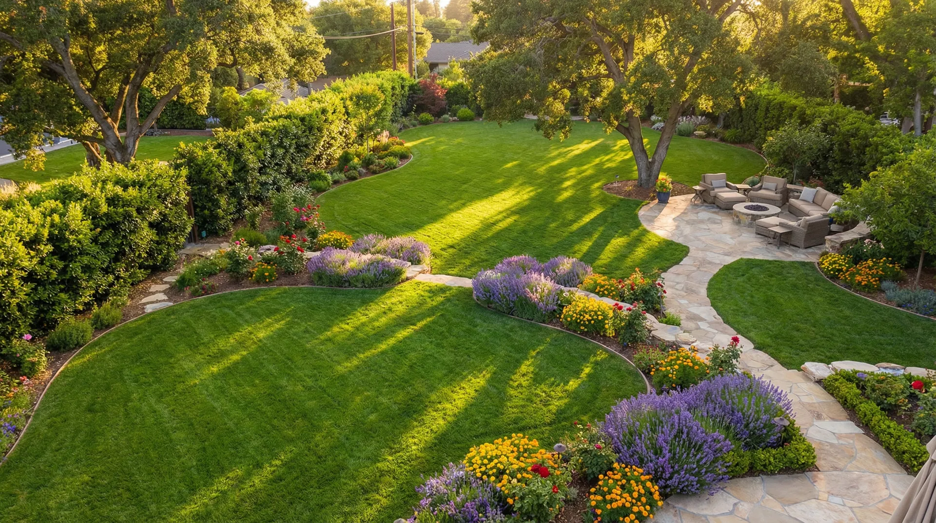 Beautifully landscaped backyard with stone pathways