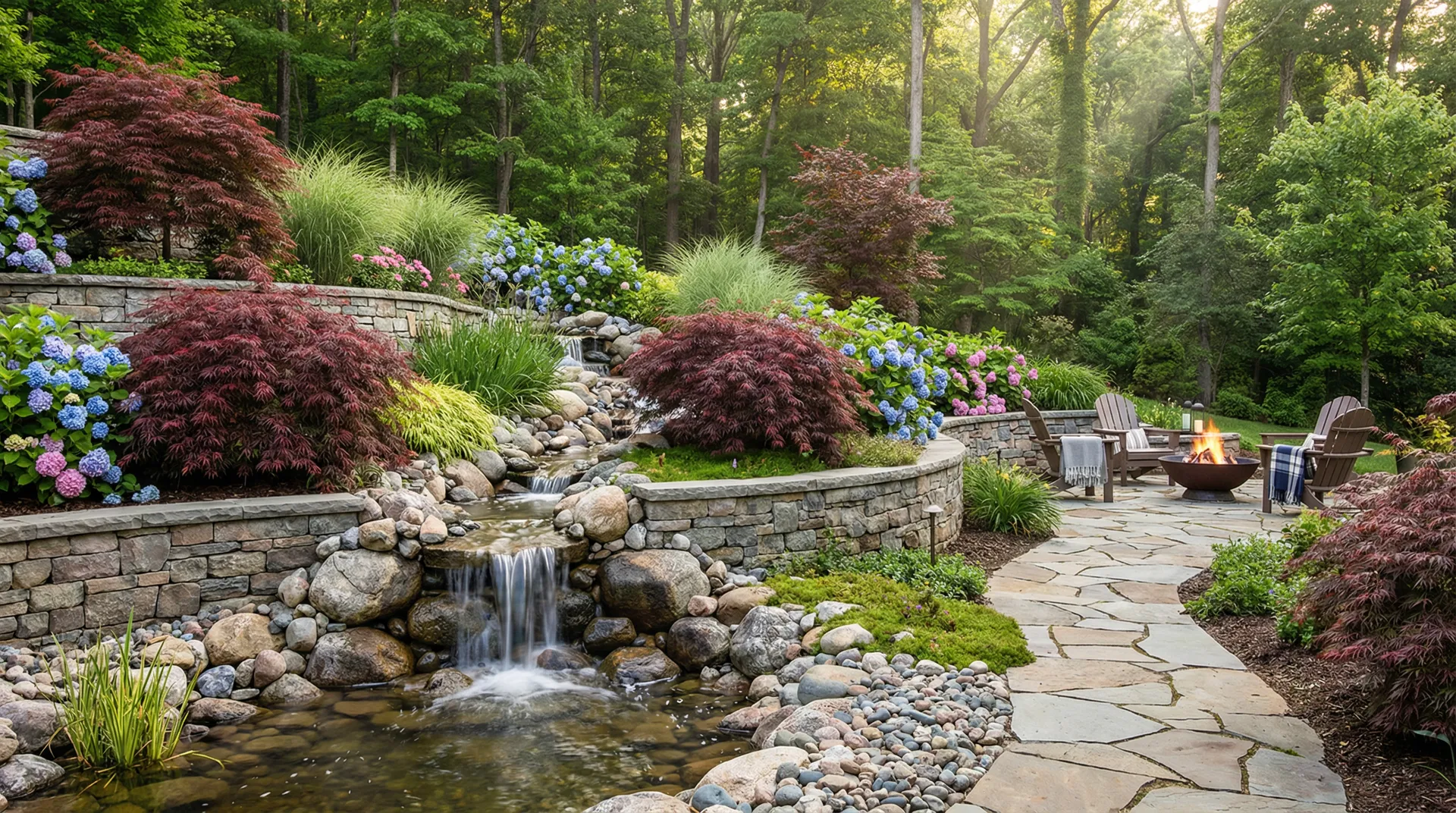 Tiered garden with water feature and Japanese maples