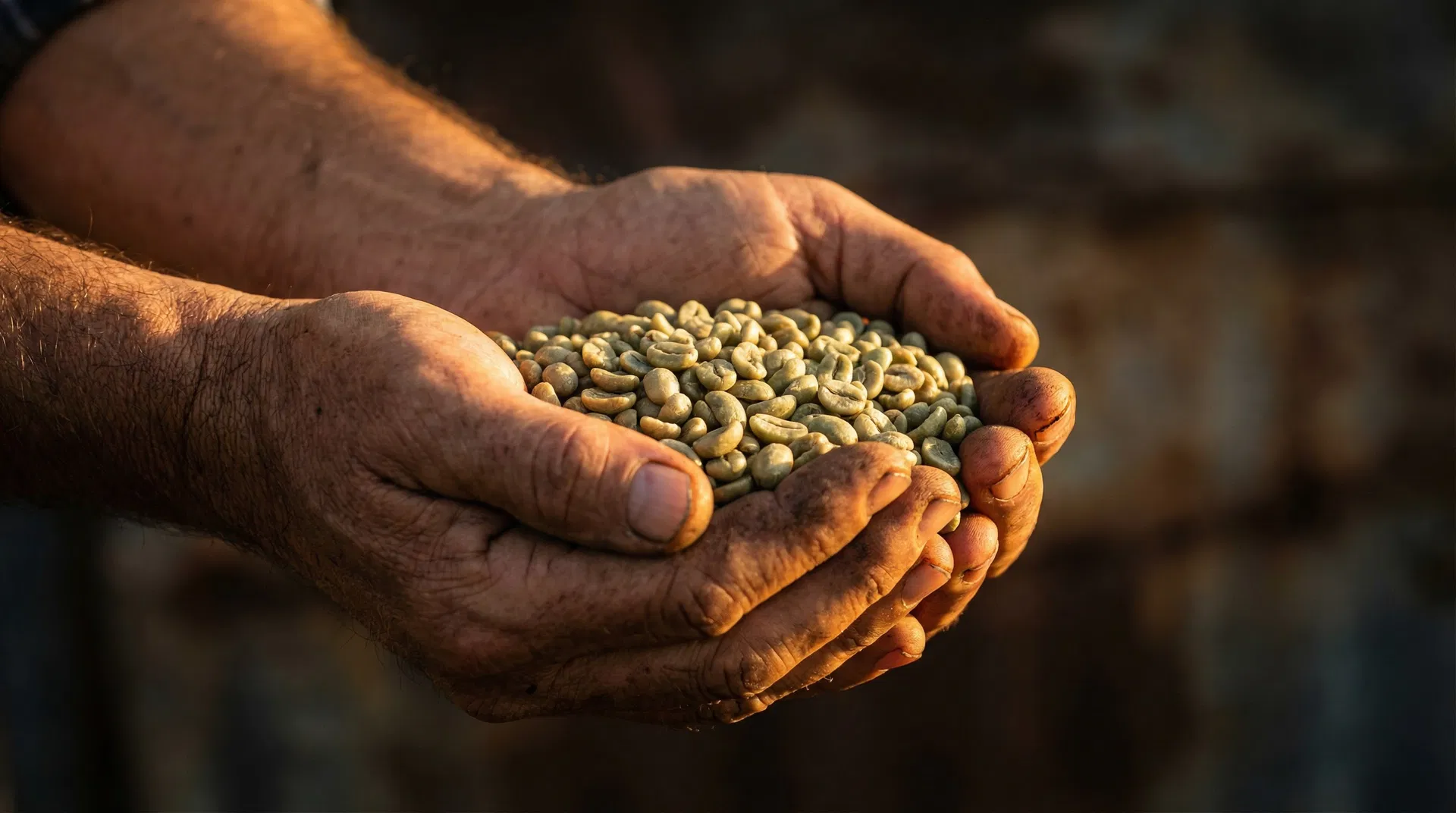 Mãos de produtor segurando grãos de café