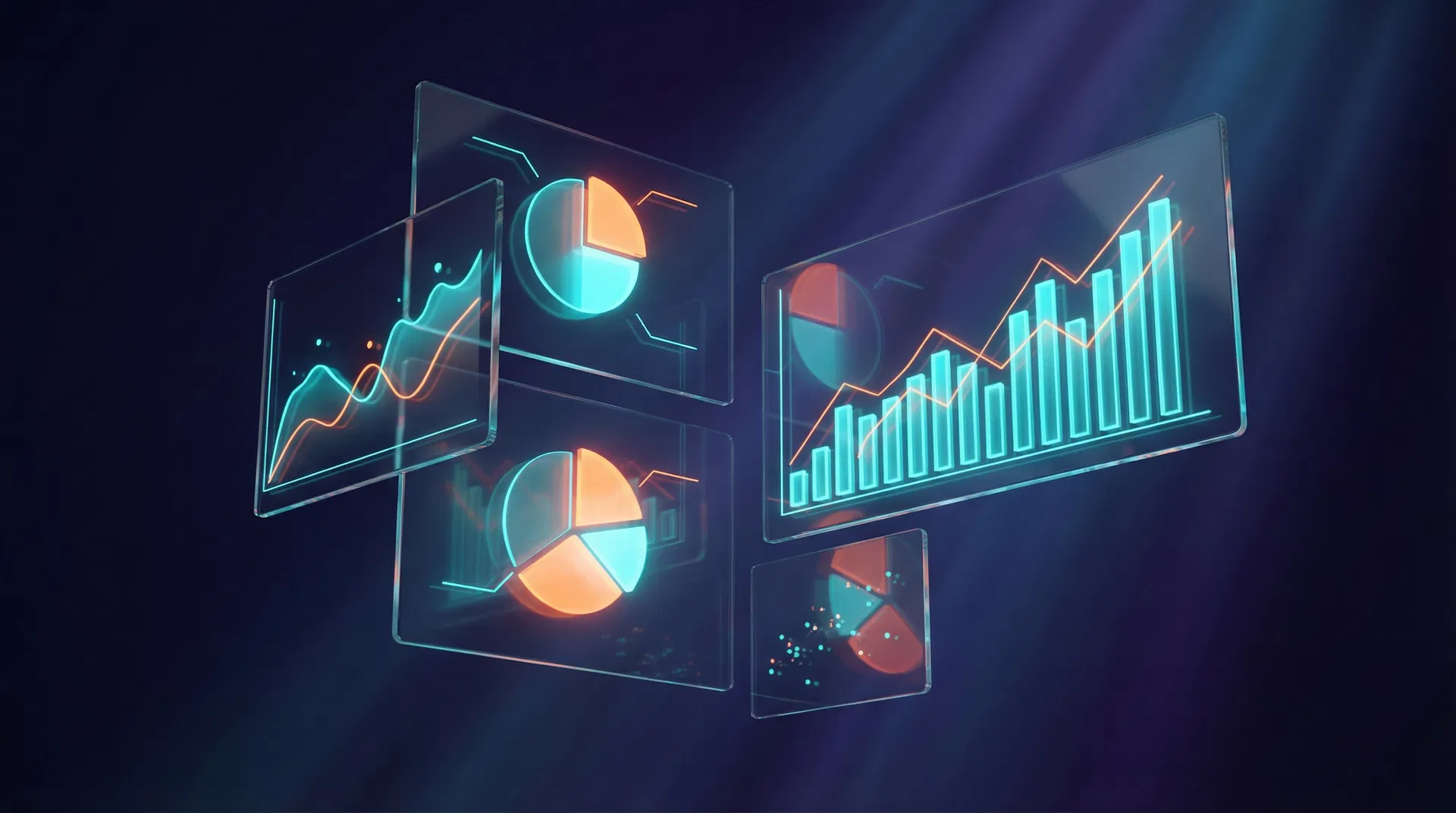 LicenseFlow analytics — holographic financial data visualization panels