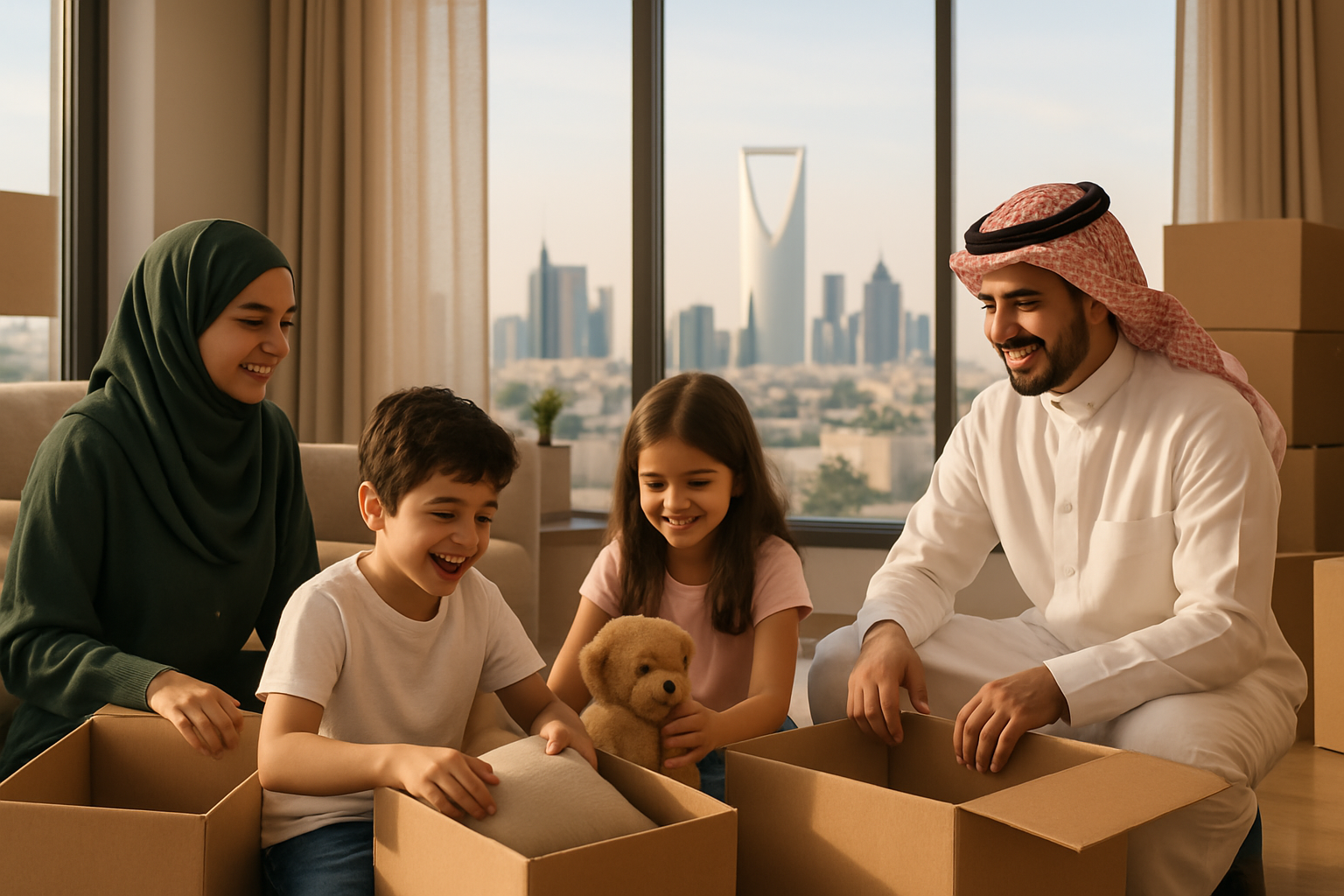 A family happily unpacking boxes in a new, modern apartment in Riyadh, with a subtle view of the Riyadh skyline in the background. Style: Photorealistic, warm and inviting.