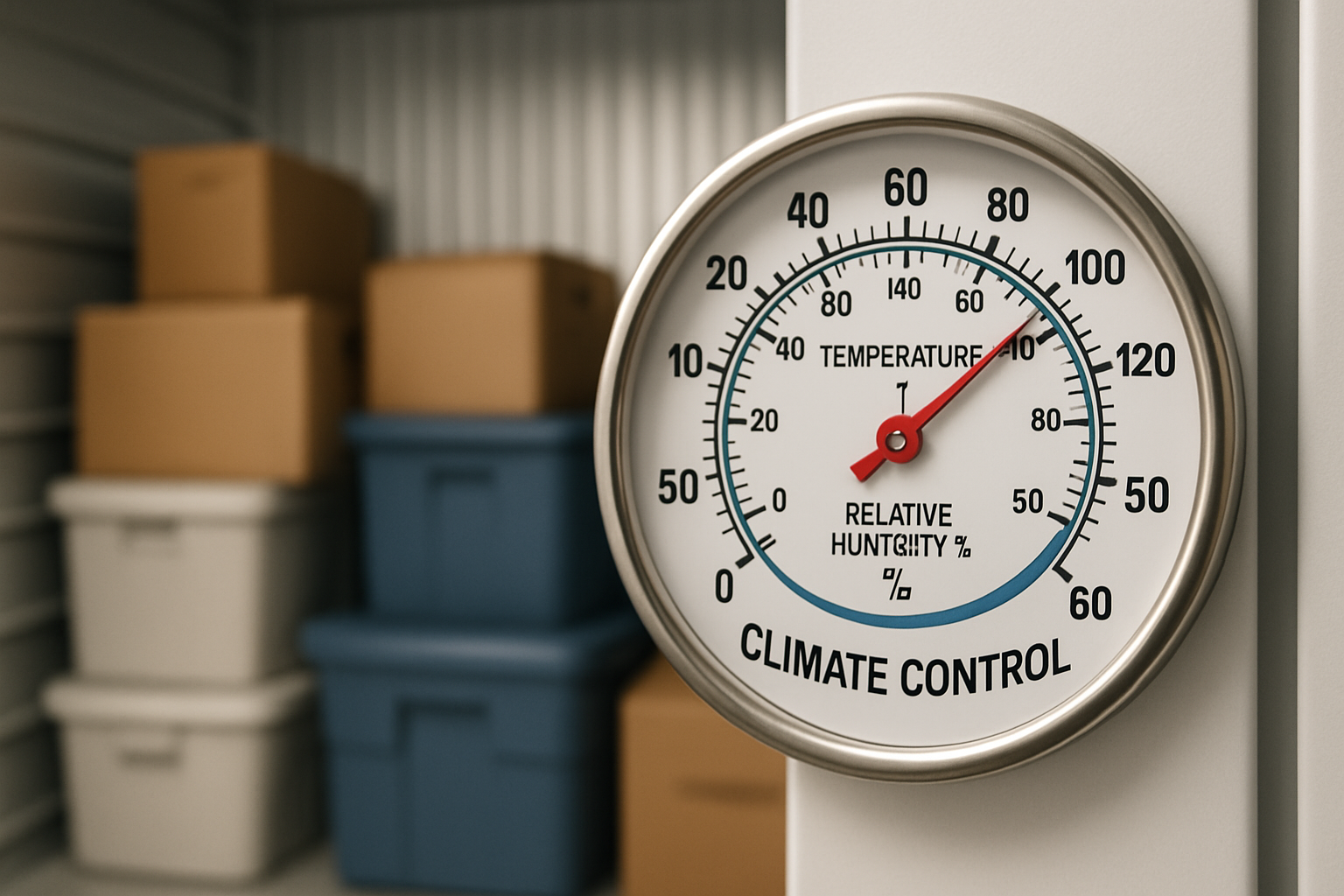 A close-up of a temperature and humidity gauge inside a storage unit, emphasizing climate control, with blurred background of stored items. Style: Technical, clean, and reassuring.