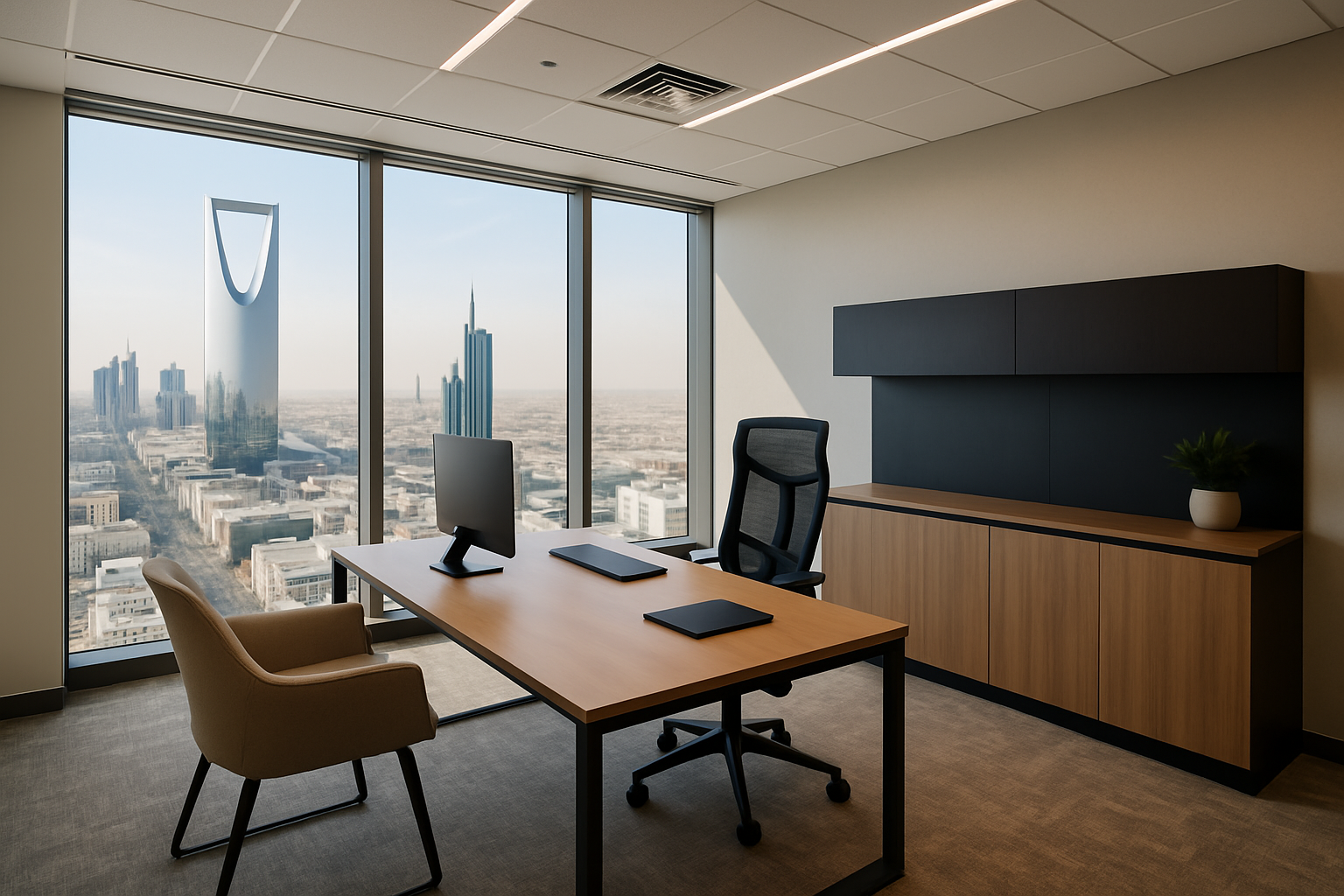 A sleek, modern office interior in Riyadh, showcasing a newly set up workspace with a view of the city. Style: Contemporary, inviting, and professional.