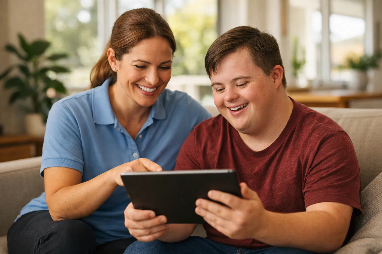 A support worker and participant smiling together