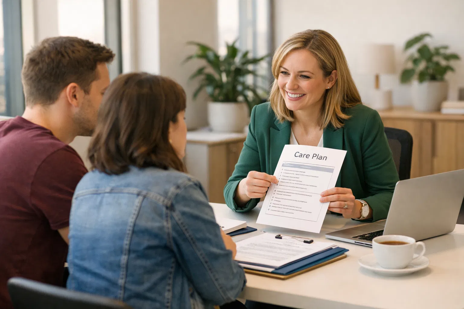 NDIS support coordinator reviewing care plan with participant and family