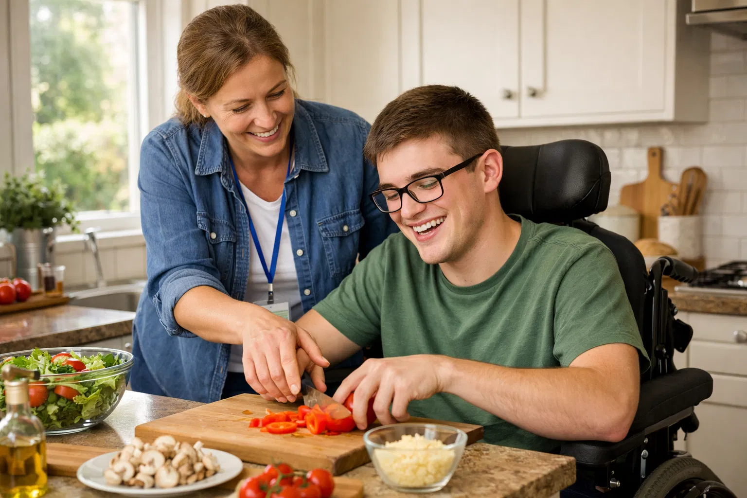 Support worker helping participant with daily living tasks in the kitchen