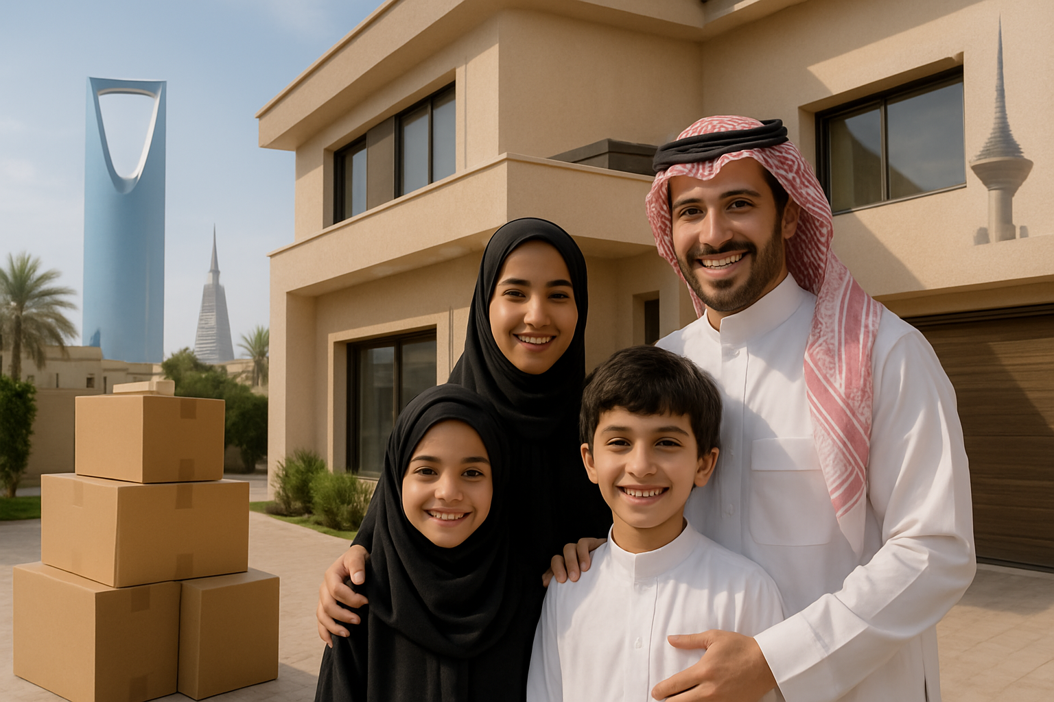 Family in front of new home