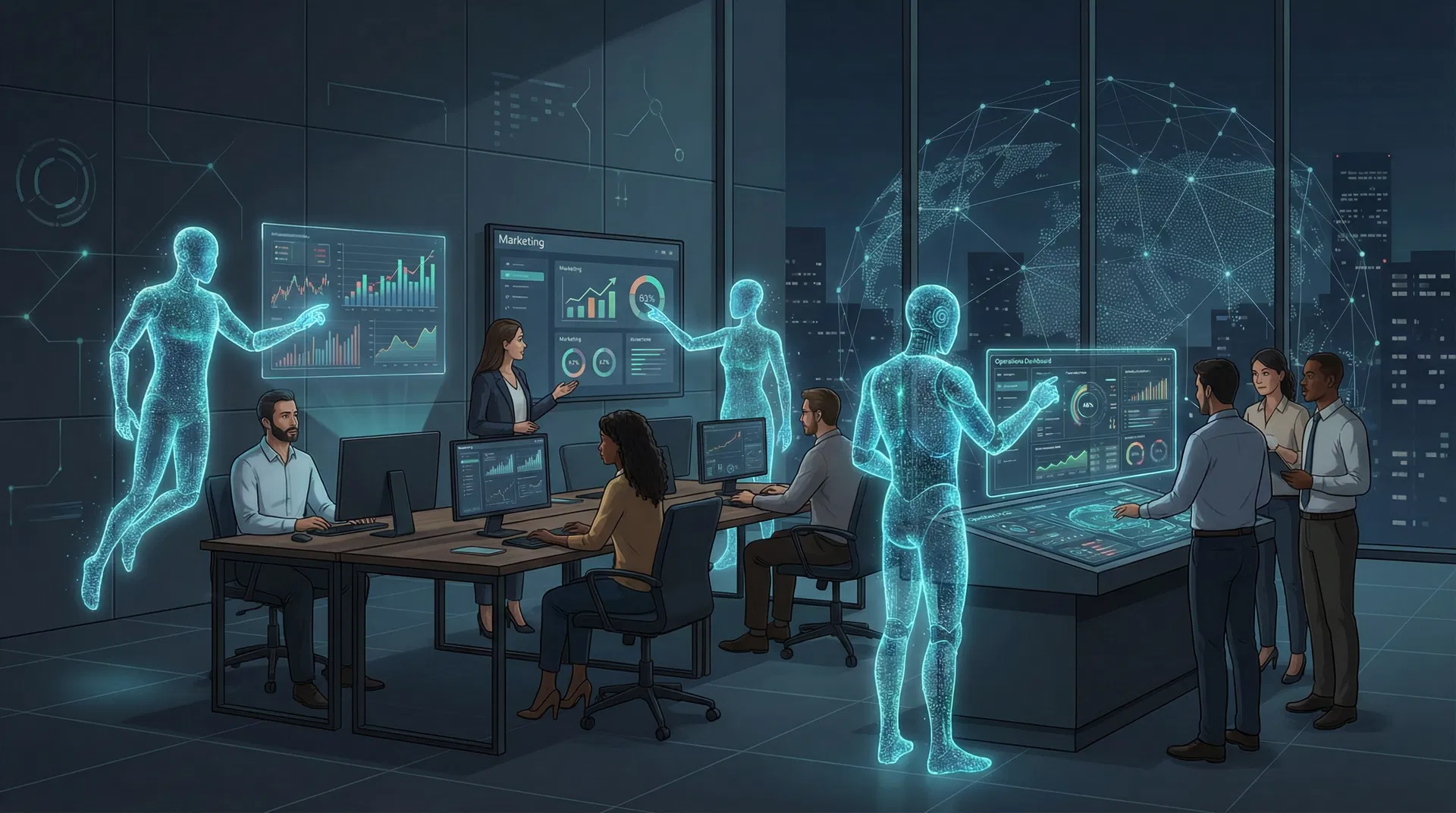 Equipo de agentes de inteligencia artificial trabajando junto a empleados humanos en una oficina moderna