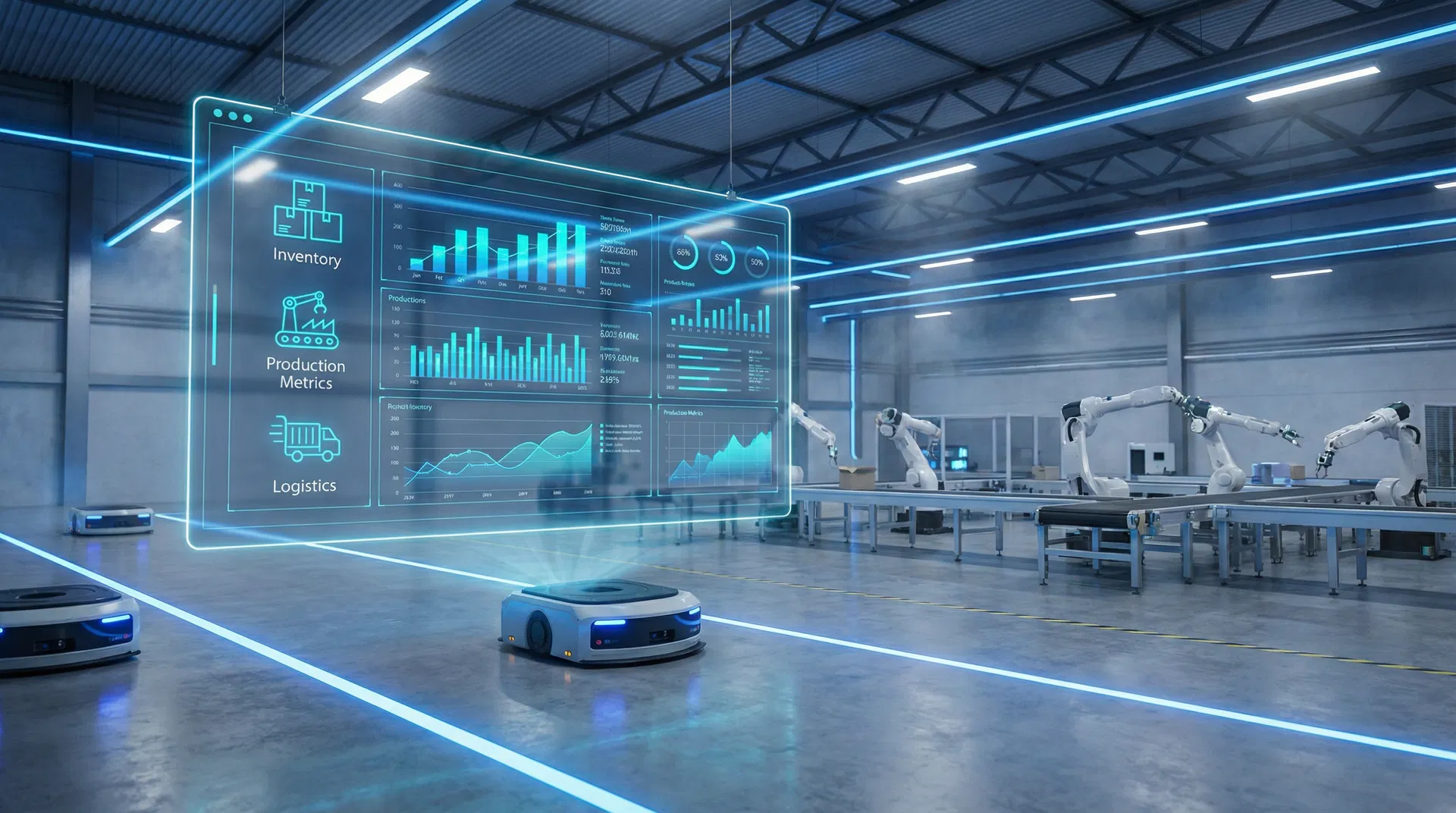 Fábrica inteligente com dashboard holográfico