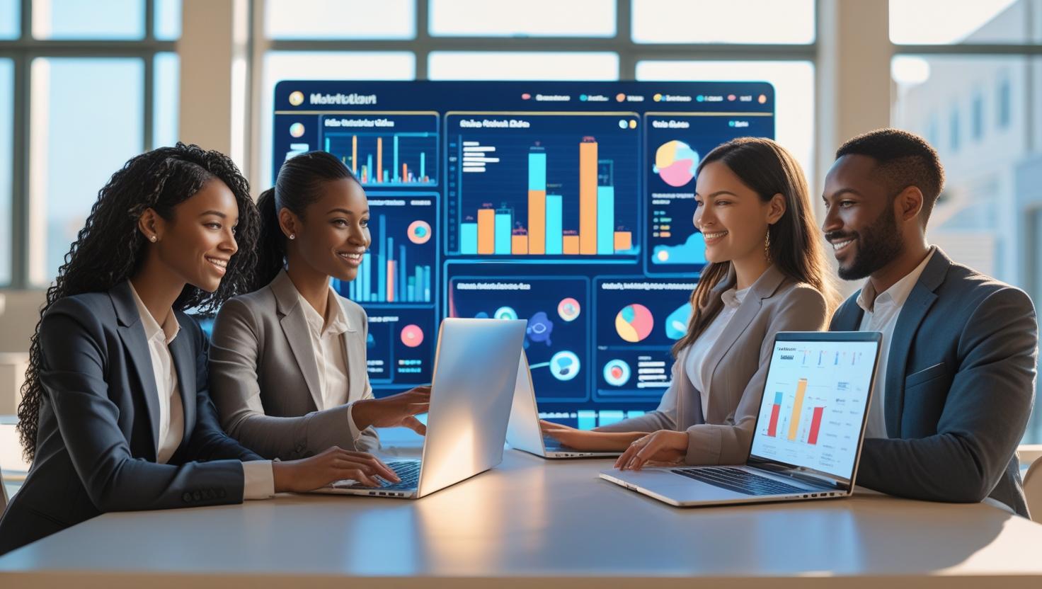 A team of marketing professionals analyzing data on a large screen, representing AI-powered marketing analytics. A team of marketing professionals analyzing data on a large screen, representing AI-powered marketing analytics.