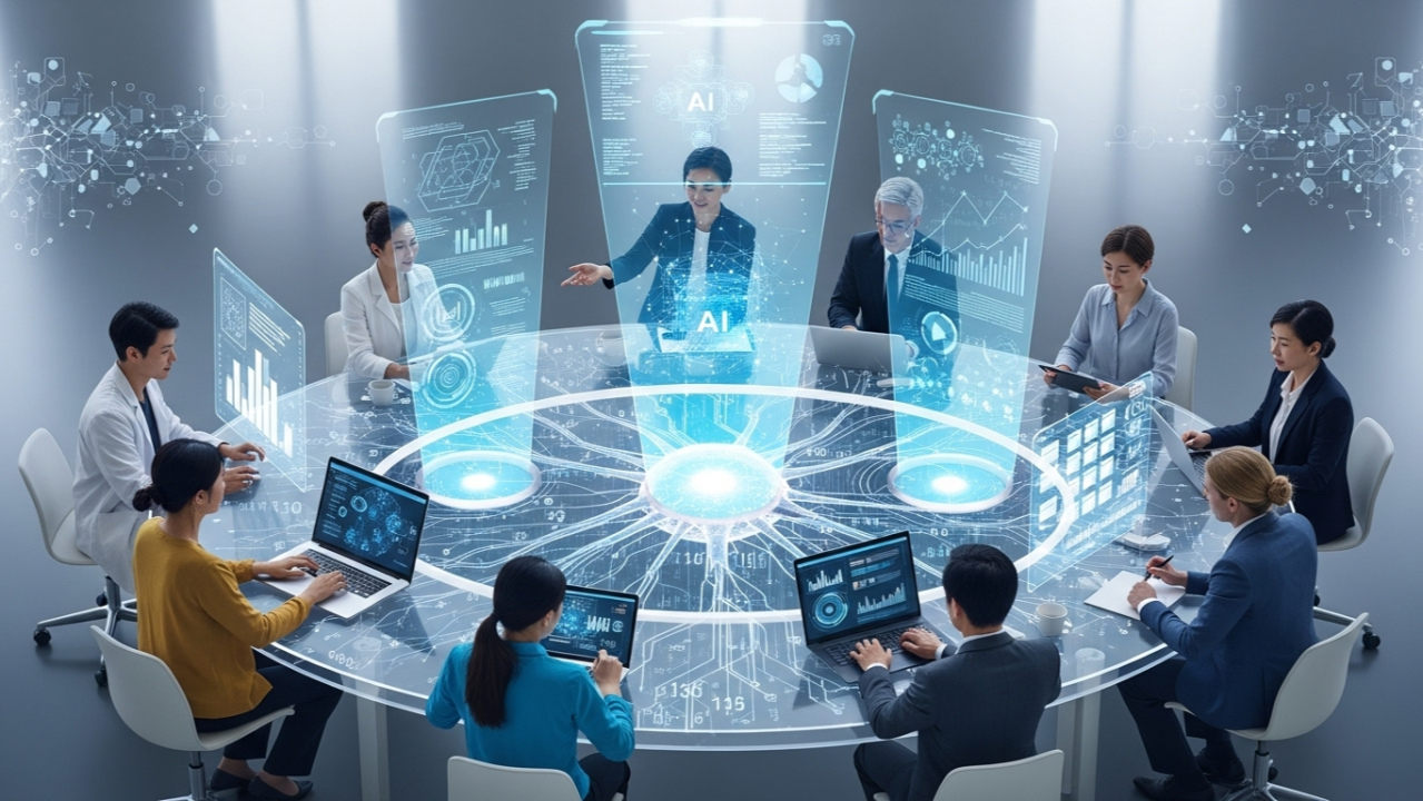 A diverse team of business professionals collaborating around a table with laptops and charts, representing a modern, efficient workplace. A diverse team of business professionals collaborating around a table with laptops and charts, representing a modern, efficient workplace.