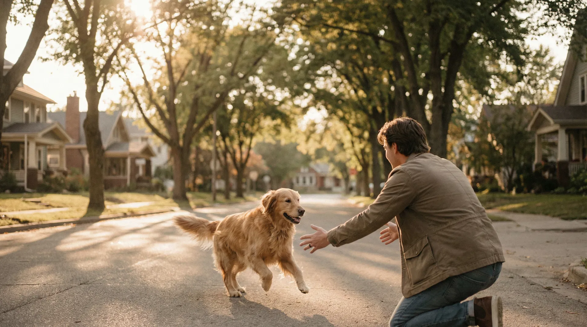 Golden retriever reuniting with owner