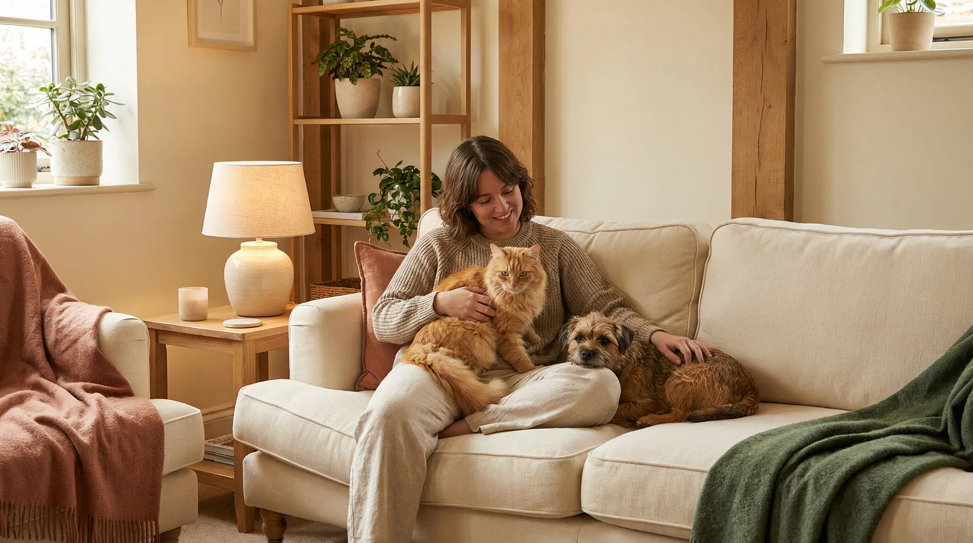 Woman with cat and dog in cozy living room