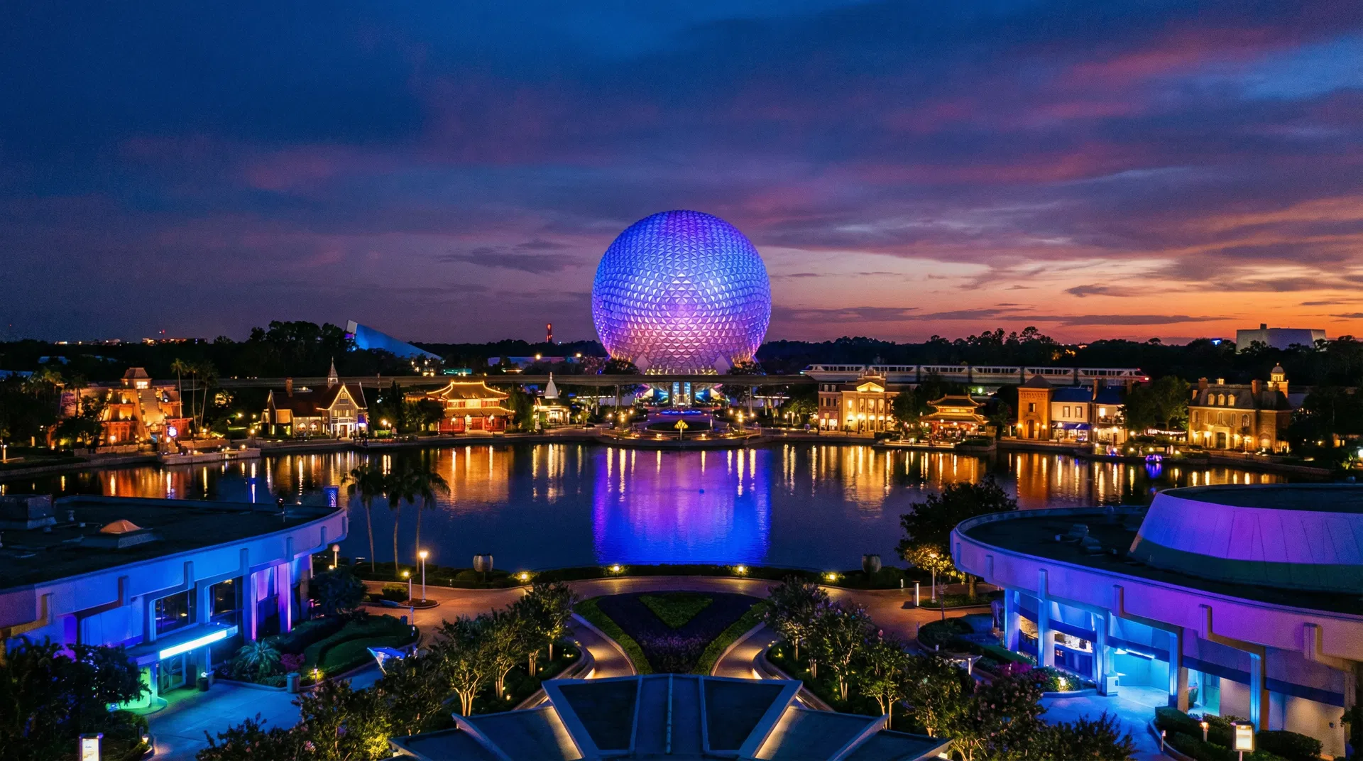 EPCOT Spaceship Earth at twilight