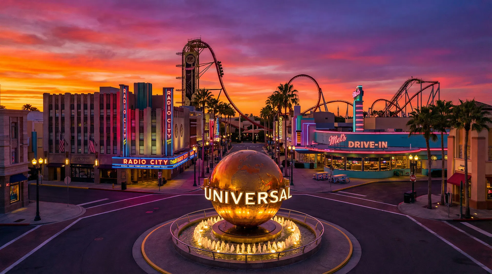 Universal Studios Florida globe and archway at sunset