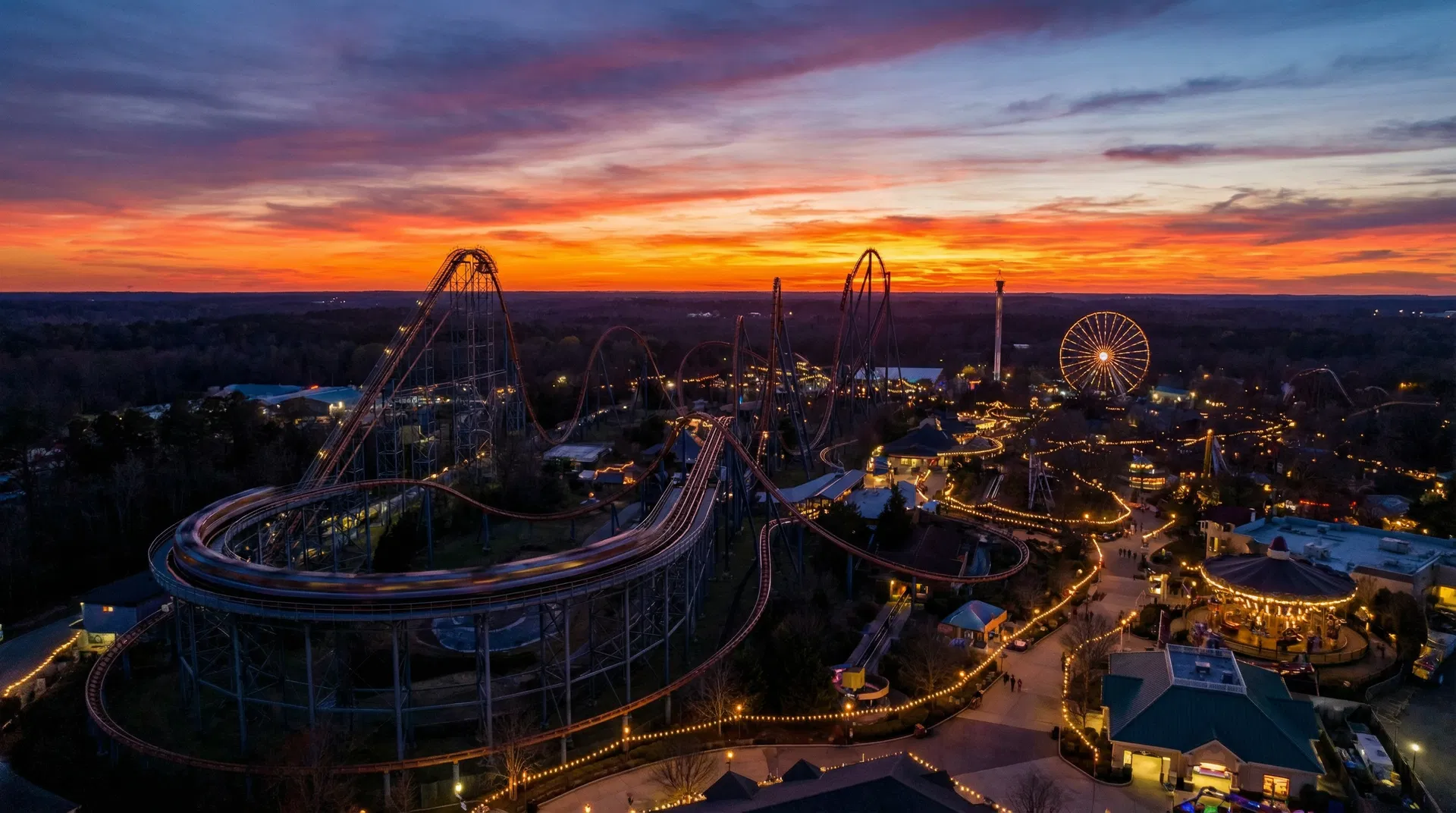 Theme park at sunset