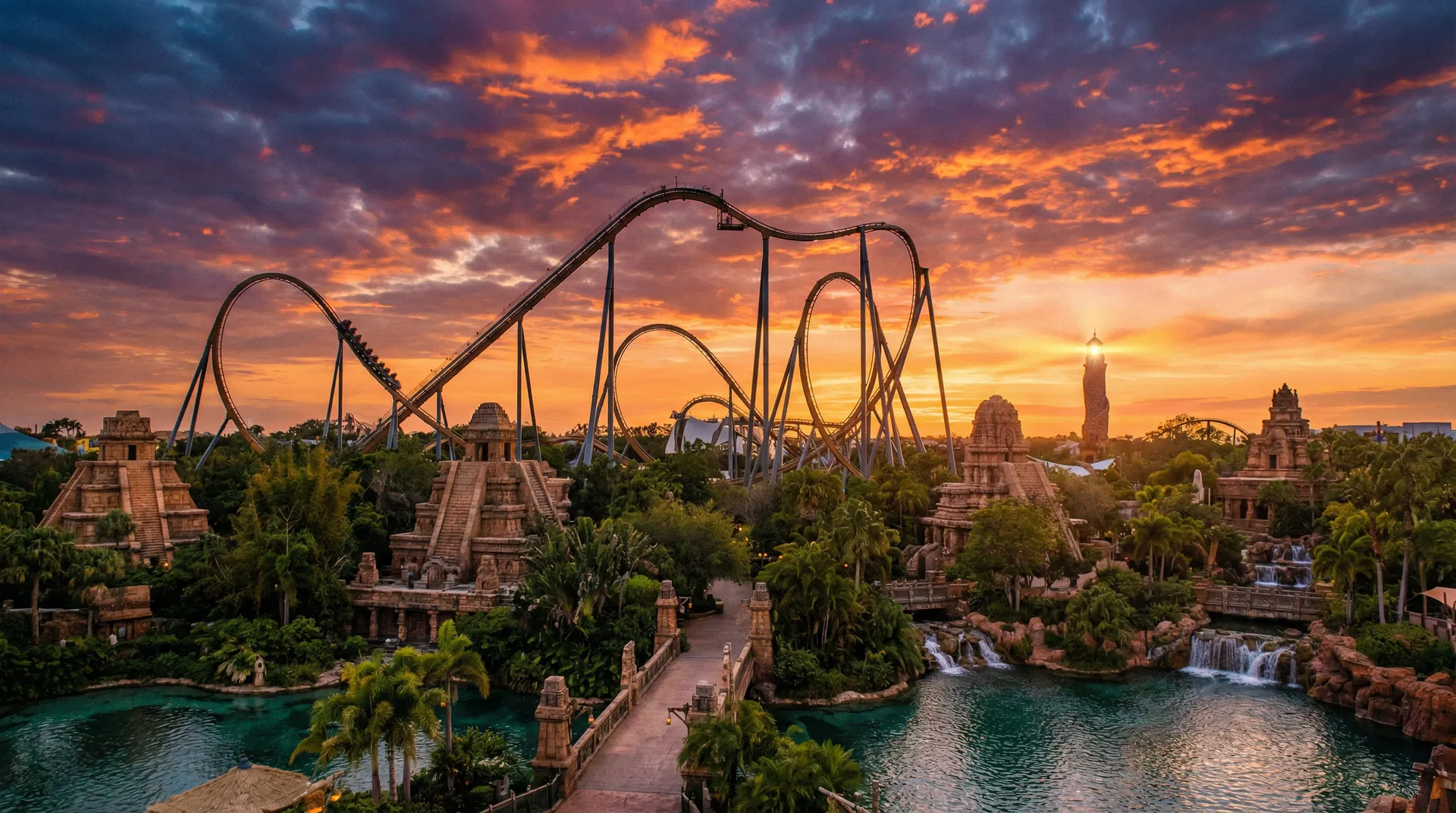 Islands of Adventure roller coasters at sunset