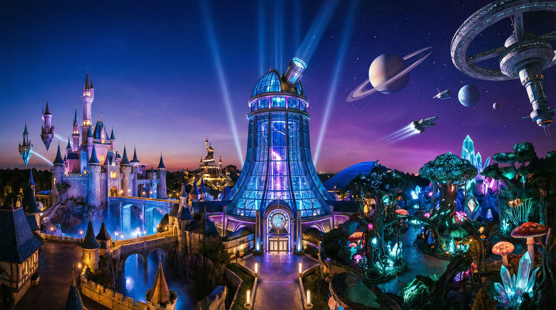 Epic Universe celestial hub at twilight