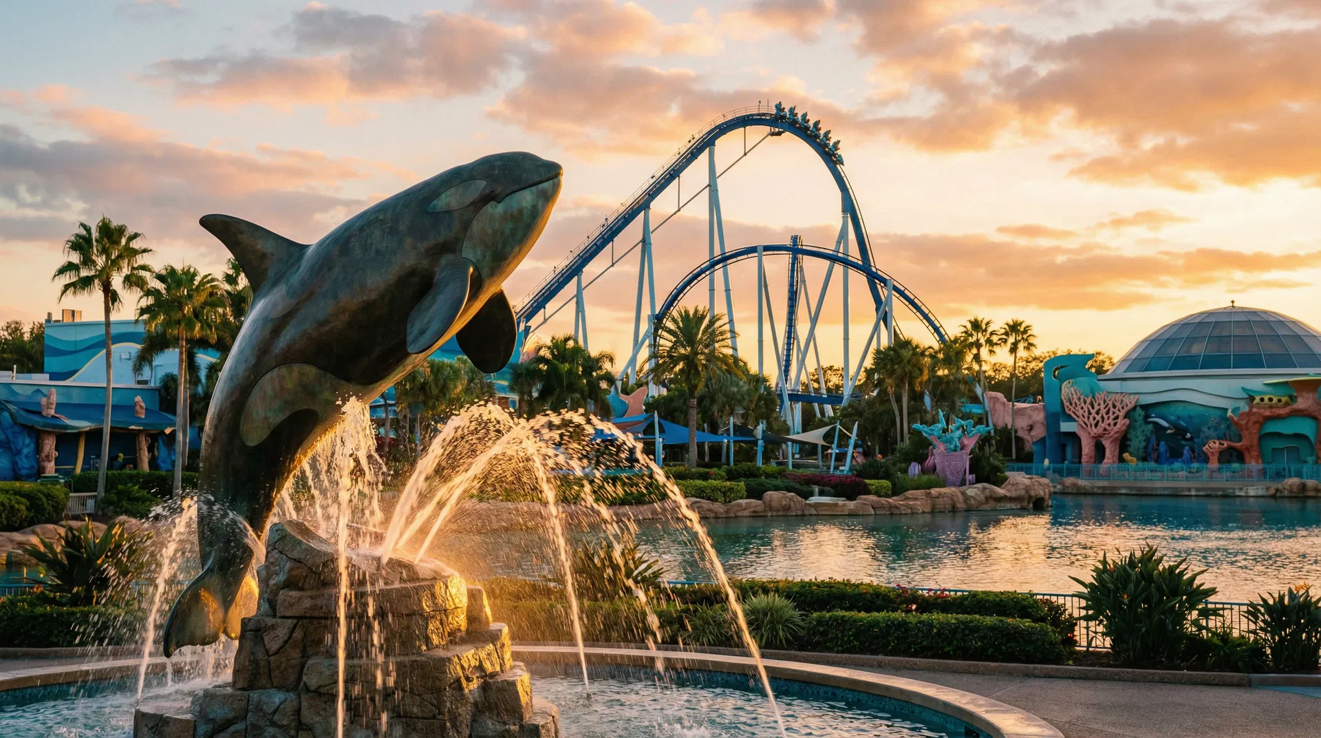 SeaWorld Orlando orca show and roller coasters
