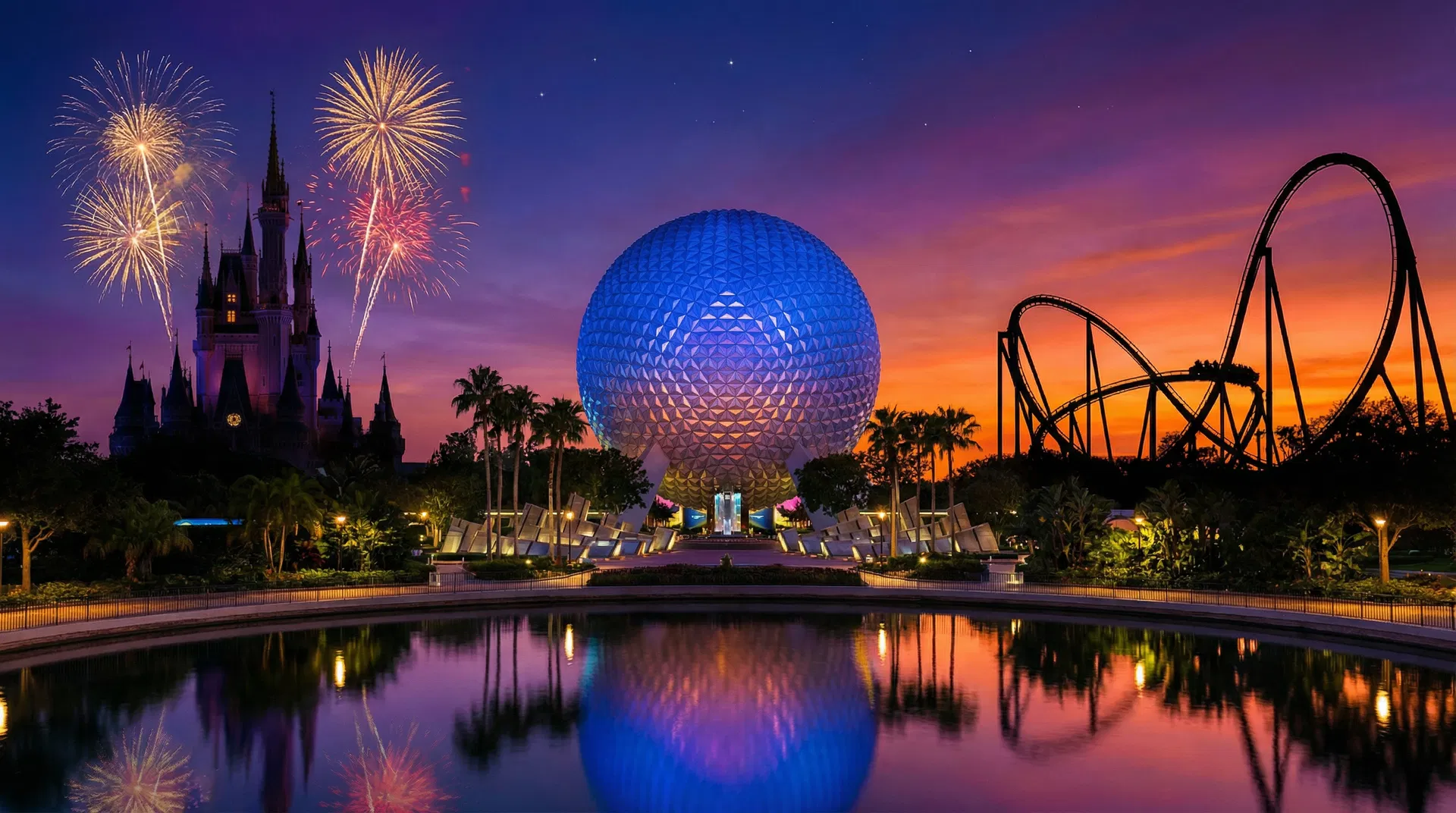 Orlando theme parks skyline at sunset